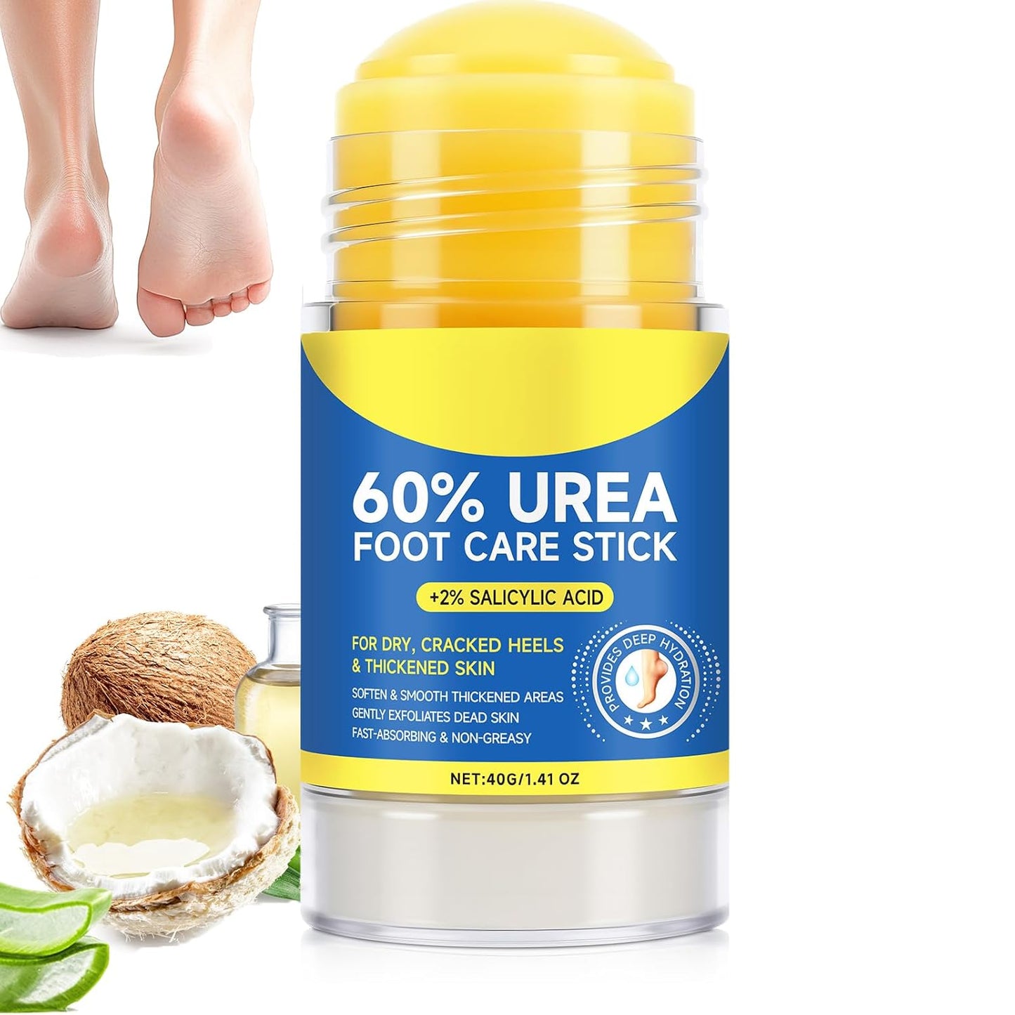 Urea Cream Stick 60% plus Salicylic Acid 2%, Maximum Strength Urea Foot Cream for Dry Cracked Feet, Knees, Elbows, Hands, Exfoliating Dead Skin, Softening Skin Moisturizer (1PC, 40G)