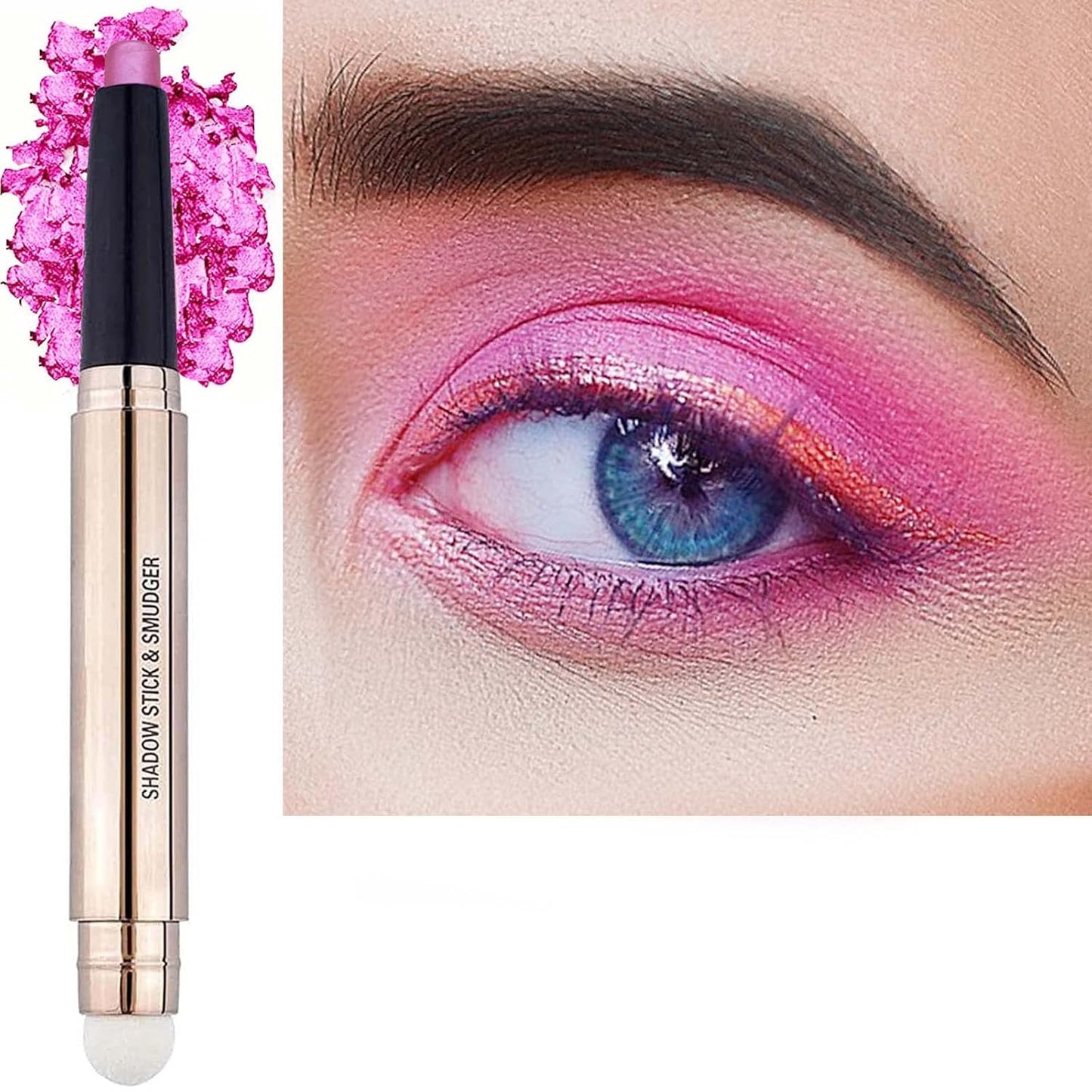 2 in 1 Eyeshadow Stick - Cream Smooth Shimmer Hot Pink Eyeshadow Pencil, Hypoallergenic Waterproof Long Lasting Multi-Dimensional Eye Shadow Highlighter Stick Makeup Eyeliner Pen (Shimmer #13)