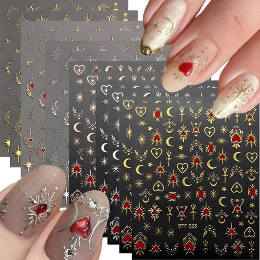 Star Nail Art Stickers - 12 Sheets, 3D Self-Adhesive Gold Moon, Red Heart, Silver Star Designs for