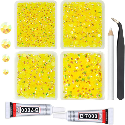 Lemon Yellow AB Resin Rhinestones w B7000 Jewelry Glue for Bedazzling Crafting 3mm 4mm 5mm 6mm