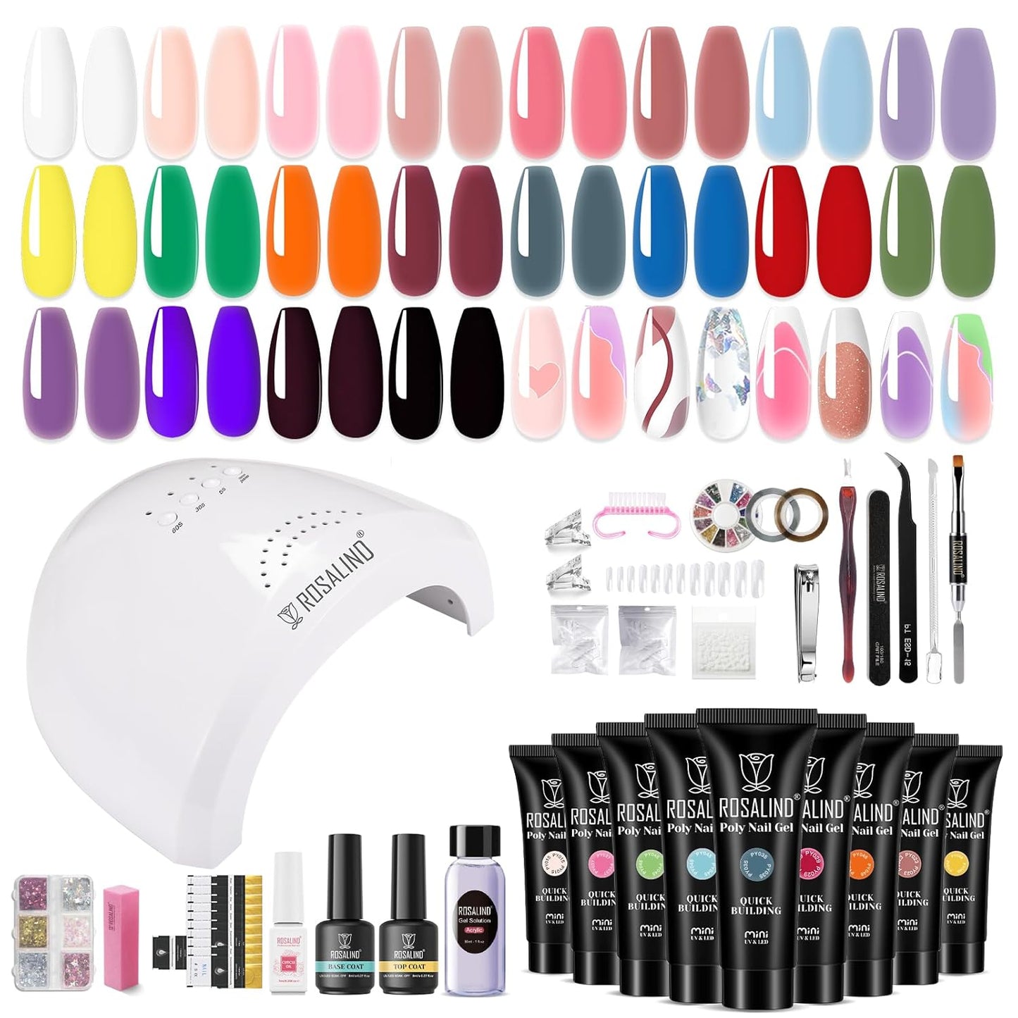 ROSALIND 20 PCS Colors Poly Nail Gel Kit -Neon Poly Nails Gel Kit Starter Kit - Slip Solution Pro Nude Pink Nail Extensions Gel Set With UV Lamp Drill Nail Art Builder Kit