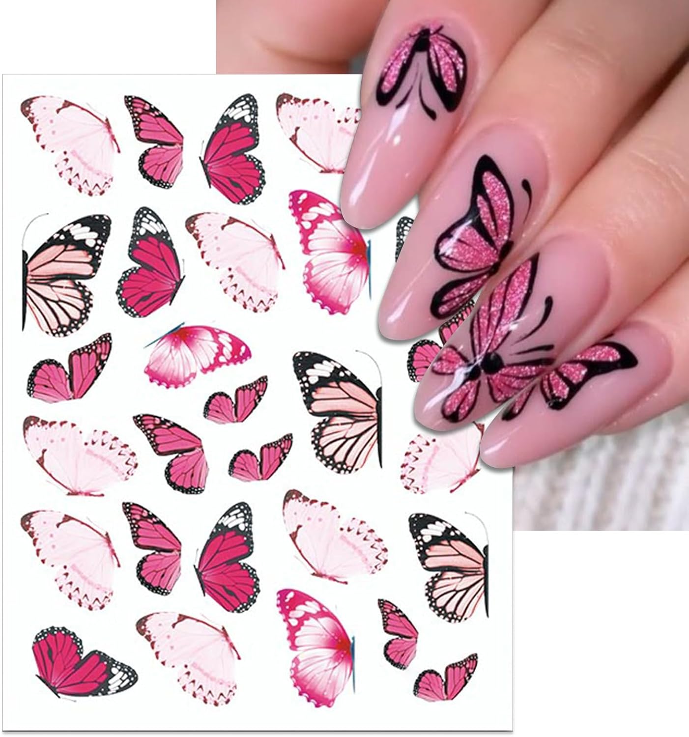 12 Sheets Butterflies Nail Art Stickers, Self-Adhesive 3D Butterflies Wings Nail Decals, Variety Color Glitter Design Nail Decorations