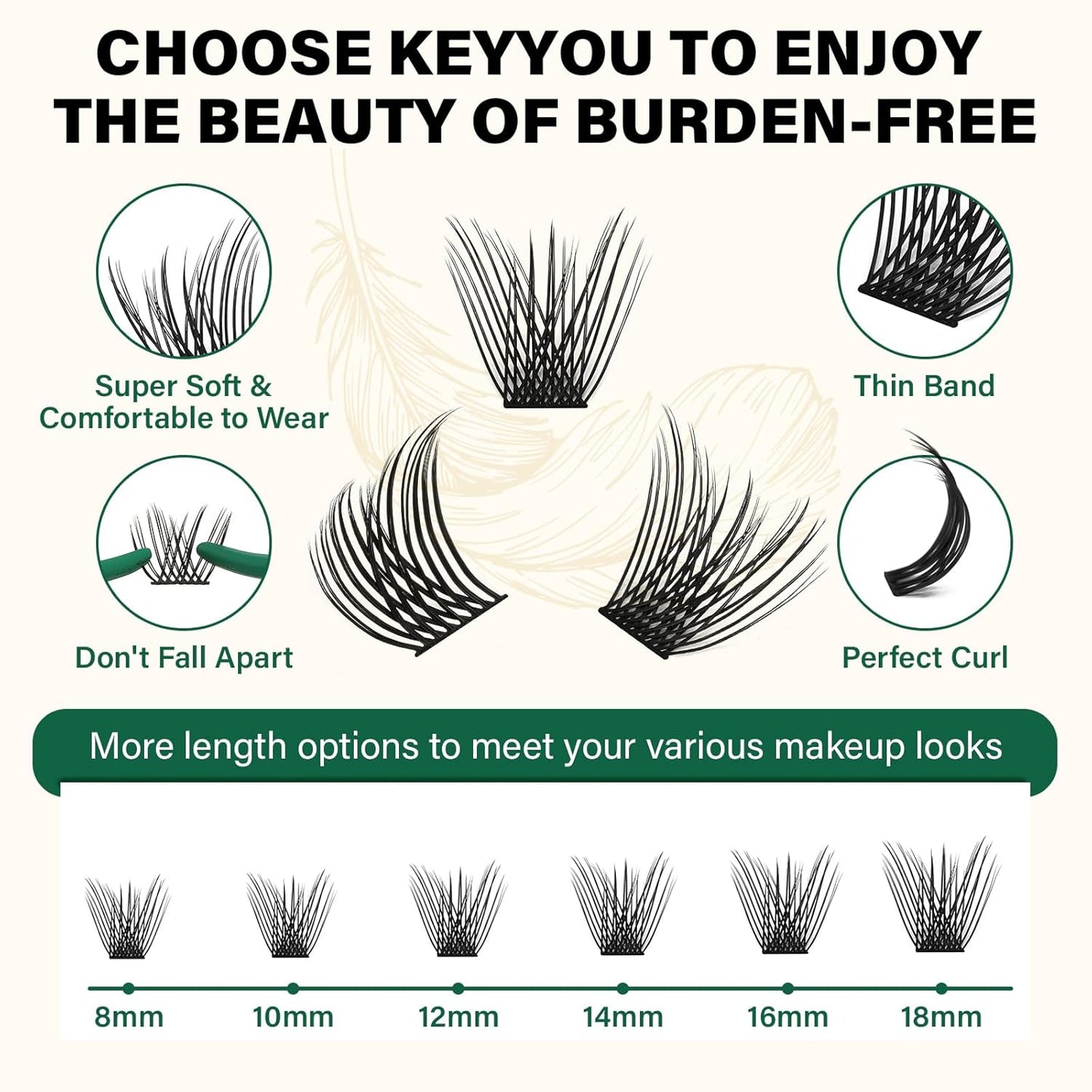 KEYYOU Lash Clusters 144pcs Individual D Curl 18mm Air Touch Cluster Lashes Super Lightweight Soft Wispy Comfortable Easy DIY at Home