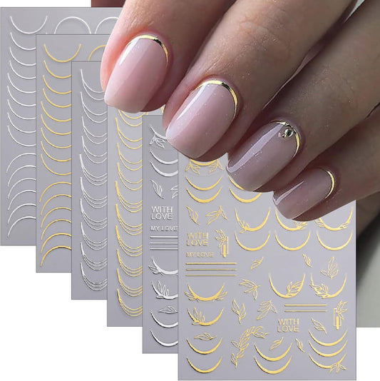 6 Sheets Lines French Tip Nail Art Stickers Gold Silver French Line Nail Decals 3D self-Adhesion
