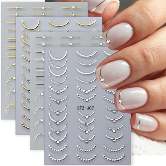 4 Sheets French Tip Nail Art Stickers 5D Simple Gold Silver Line Nail Stickers with Shiny Diamond