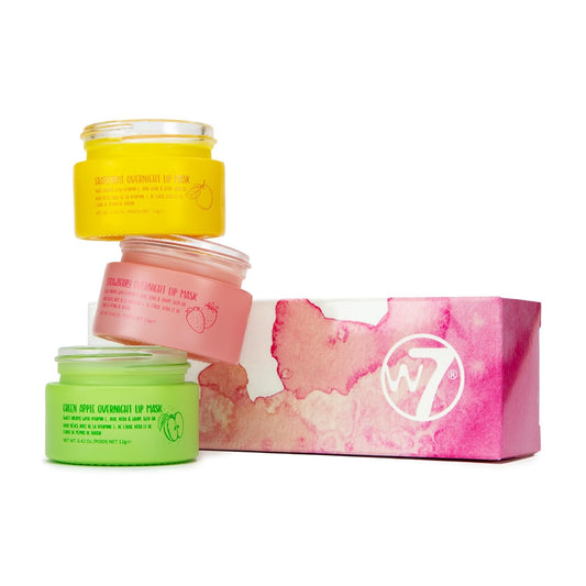 W7 Sweet Dreams Overnight Lip Mask Trio - Strawberry, Apple & Grapefruit Flavor Gift Set - Vitamin E, Aloe Vera and Grape Seed Oil - For Hydrated, Full Looking & Irresistible Lips