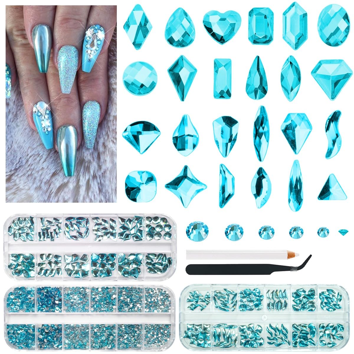 3 Boxes Aquamarine Nail Rhinestones Multi-Shapes Lake Blue Big Gems Stones K9 Glass Water Blue Flatback Round Beads Crystals Nail Art Charms for Nails Face Eyes Makeup Crafts Tumblers Bottles