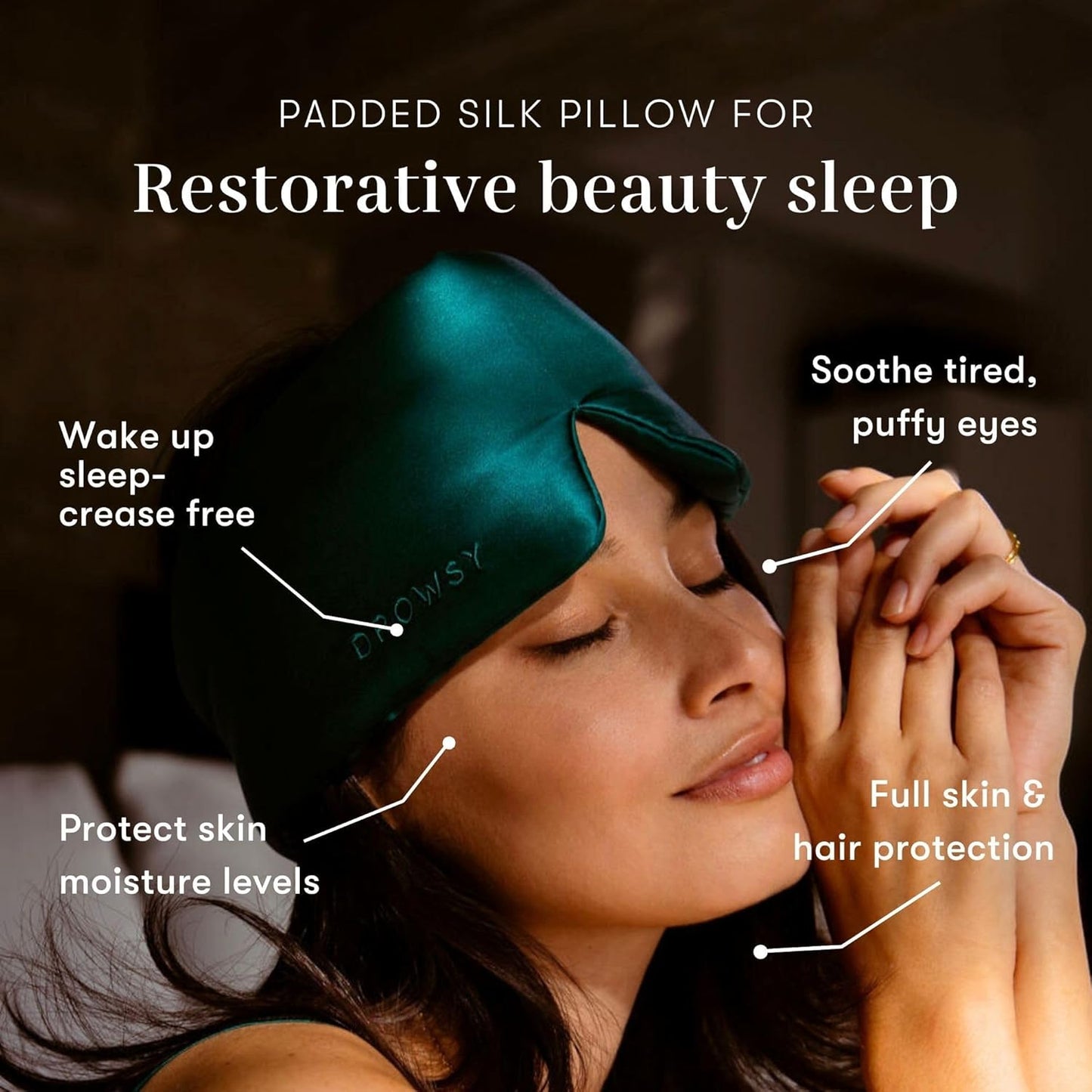 DROWSY Silk Sleep Mask. Face-Hugging, Padded Silk Cocoon for Luxury Sleep in Total Darkness. (Green Sapphire)
