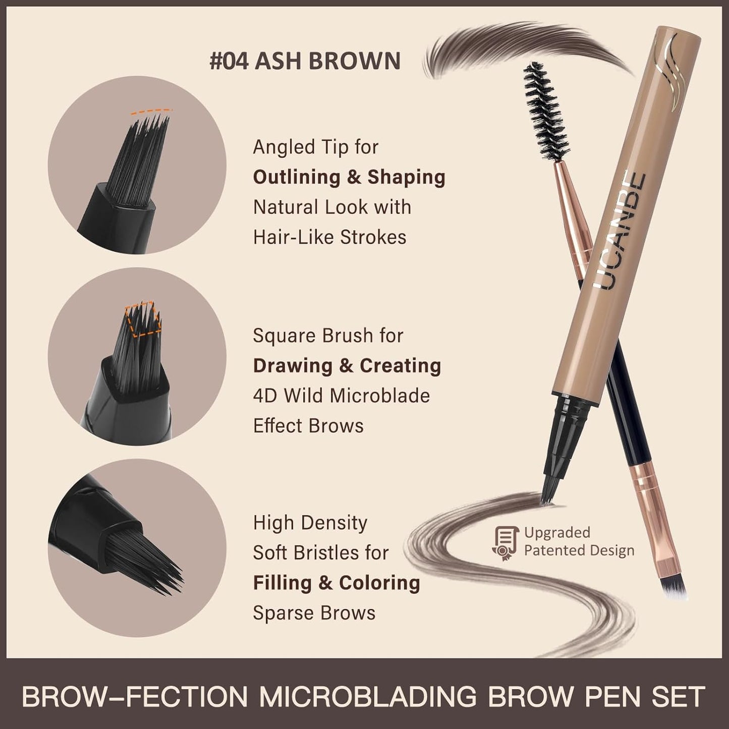 UCANBE Brow-Fection Angled Brush Eyebrow Pen, Liquid Microblading Eyebrow Pencils for Women, Wild Natural Brow Pen for Realistic Hair-Like Brows, Easy to Color, Waterproof, Lasts All Day, Ash Brown