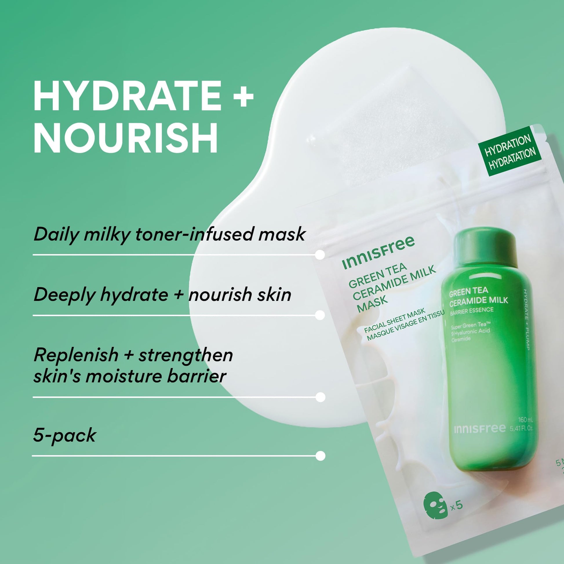 innisfree Green Tea Ceramide Milk Mask | Lightweight Korean Sheet Mask for Hydration Fast |