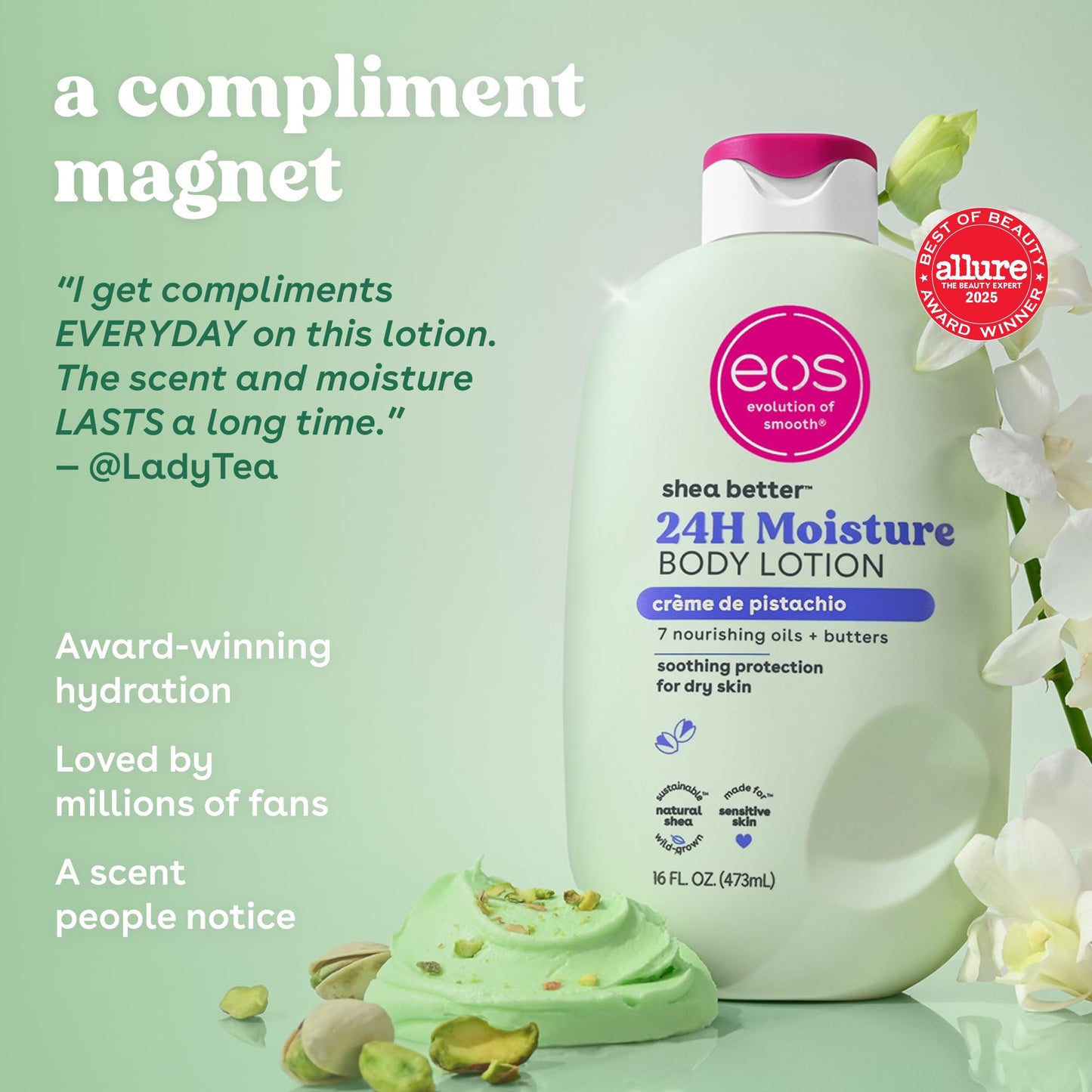 eos Shea Better Body Lotion- Crème de Pistachio, 24-Hour Moisture Skin Care, Lightweight &