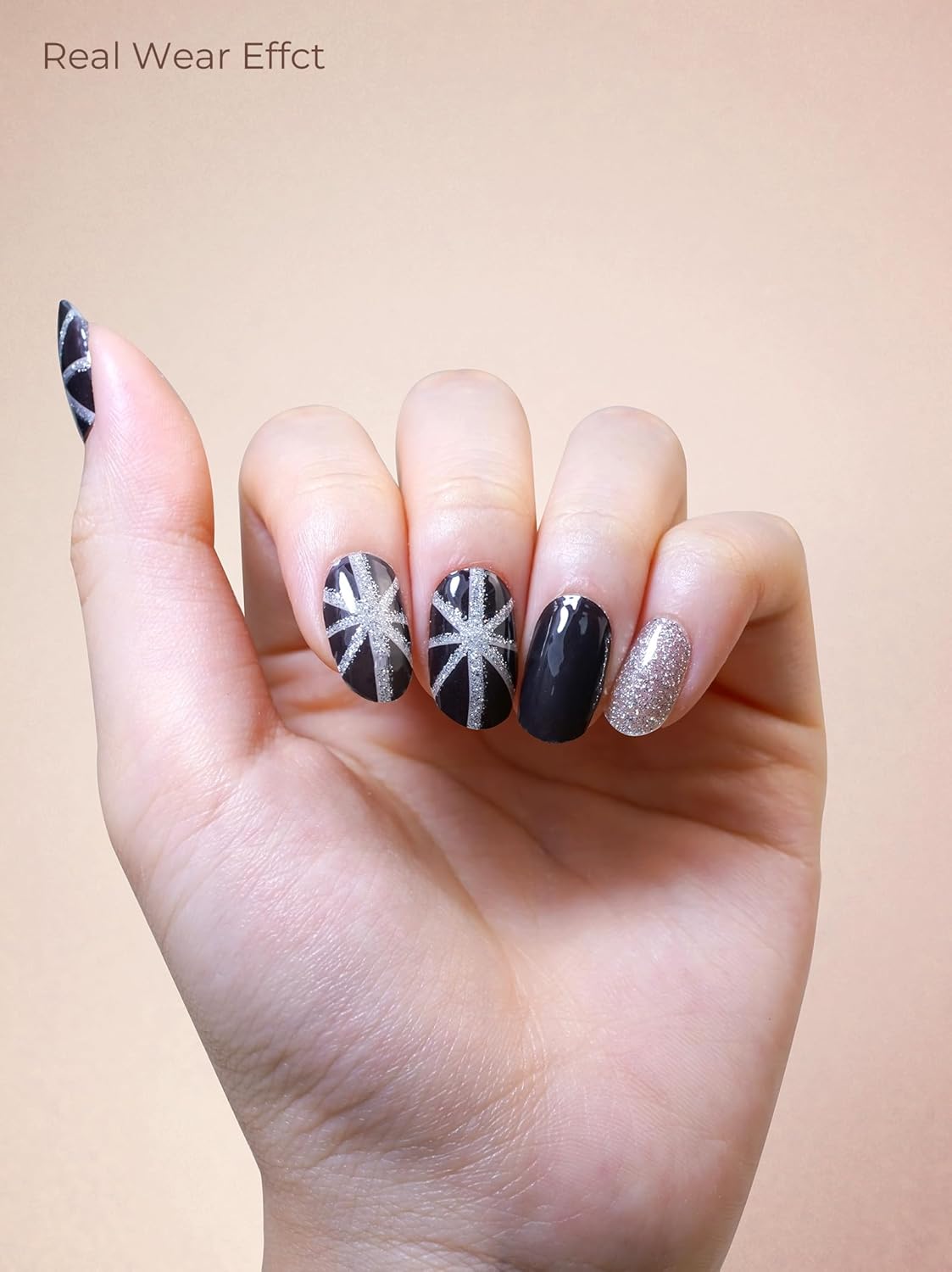 Pre Cured Gel Nail Strips - 44PCS Salon Quality Gel Nail Stickers - Long Lasting Polish Wraps for Women no UV Light Needed Easy Apply& Remove (Sultry Black）