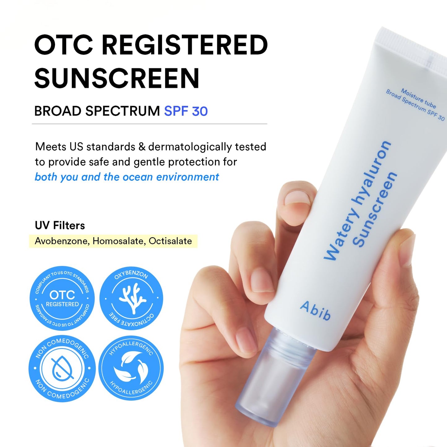 Abib Watery Hyaluron Sunscreen Moisture Tube Broad Spectrum SPF 30, 1.69 fl oz(50ml), Korean