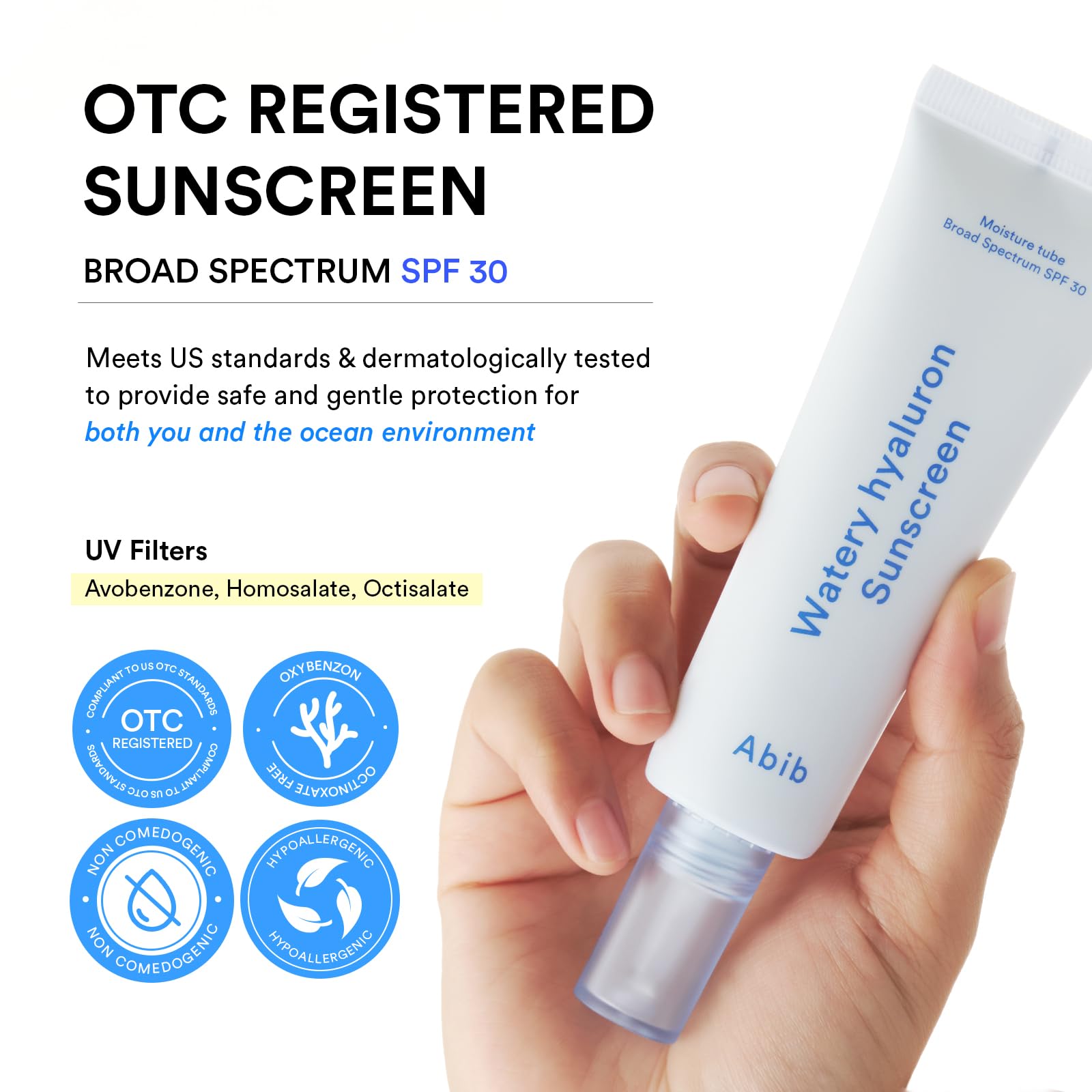 Abib Watery Hyaluron Sunscreen Moisture Tube Broad Spectrum SPF 30, 1.69 fl oz(50ml), Korean