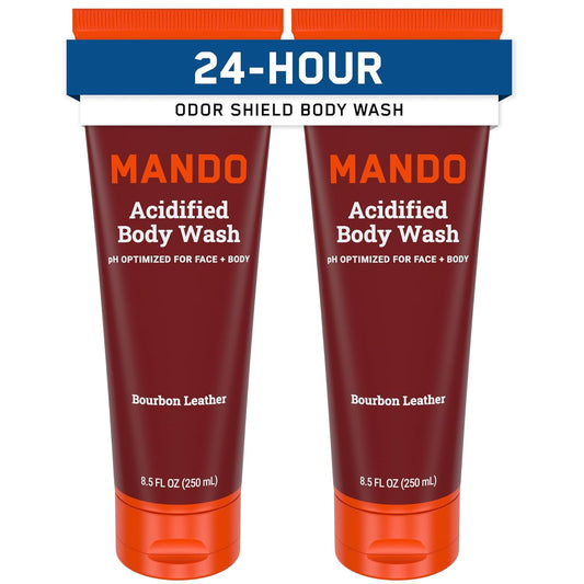 Mando Odor Shield Body Wash - 24 Hour Control - Removes Odor Better than Soap - SLS Free, Paraben Free, Skin Safe - 8.5 Ounce (Pack of 2) (Bourbon Leather)