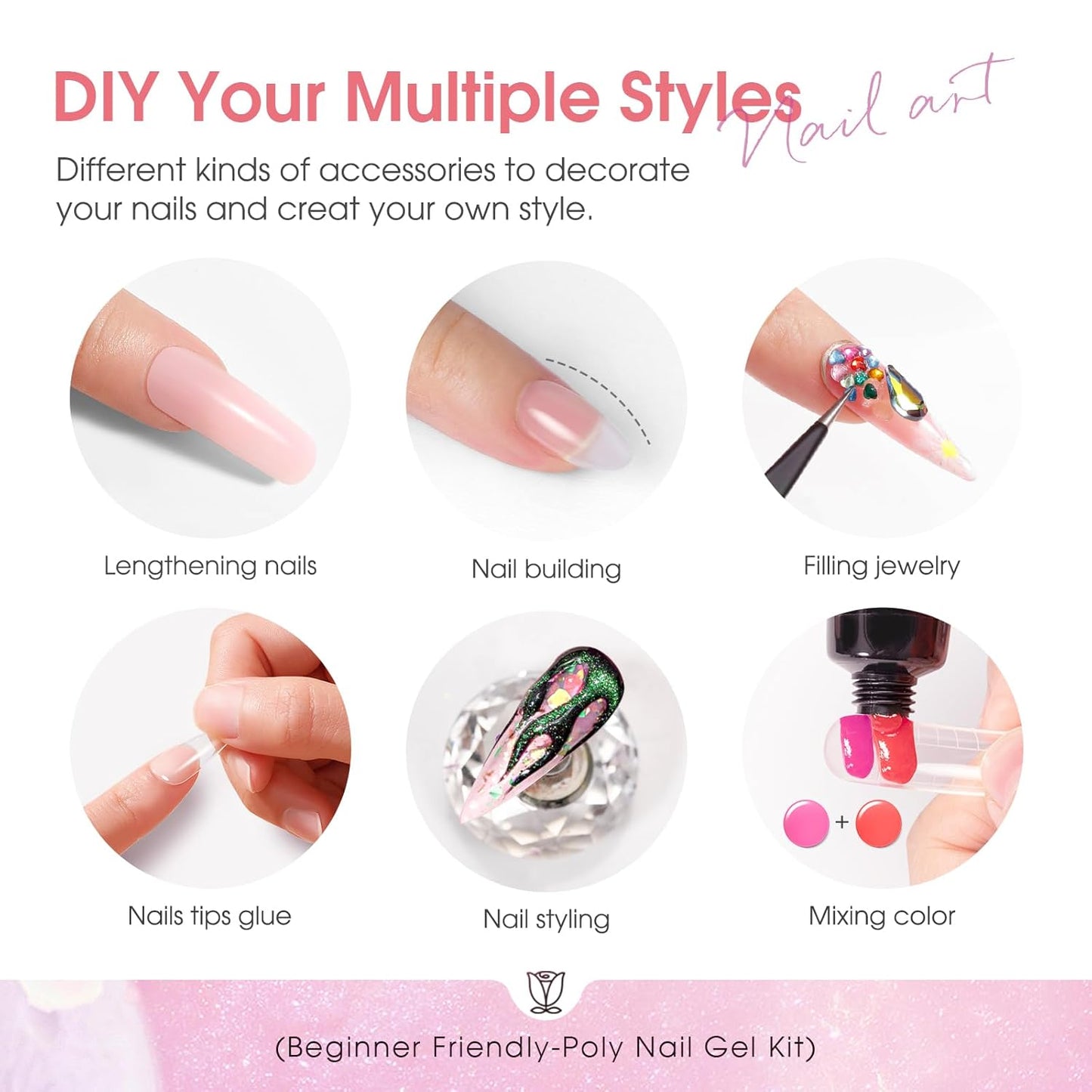 ROSALIND 20PCS Light Pink Nude Poly Nail Gel Kit with Mini Nail Lamp White Brown Poly Nails Extension Gel Set