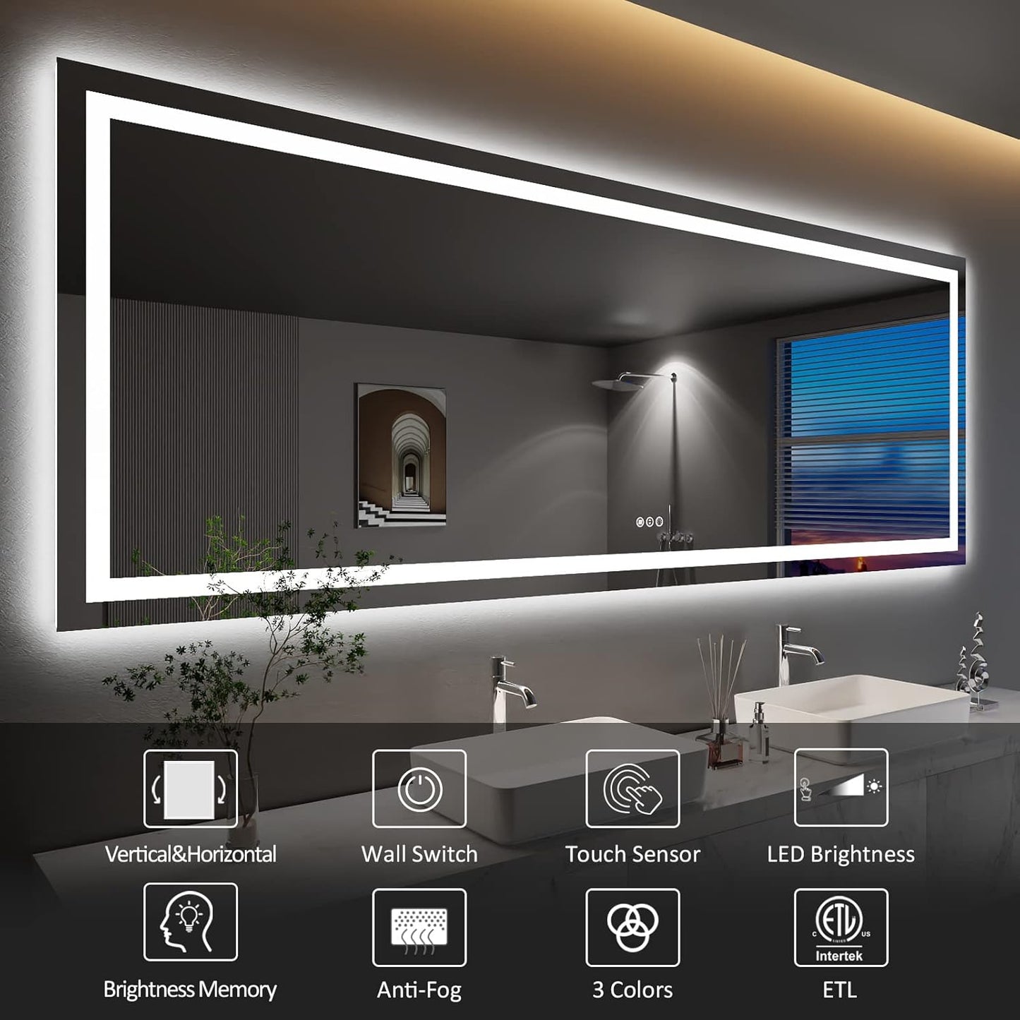 Amorho LED Bathroom Mirror Large 88" X38" with Front Light and Backlit, Stepless Dimmable Wall Mirrors with Anti-Fog, Shatter-Proof, Memory, 3 Colors, Double LED Vanity Mirror