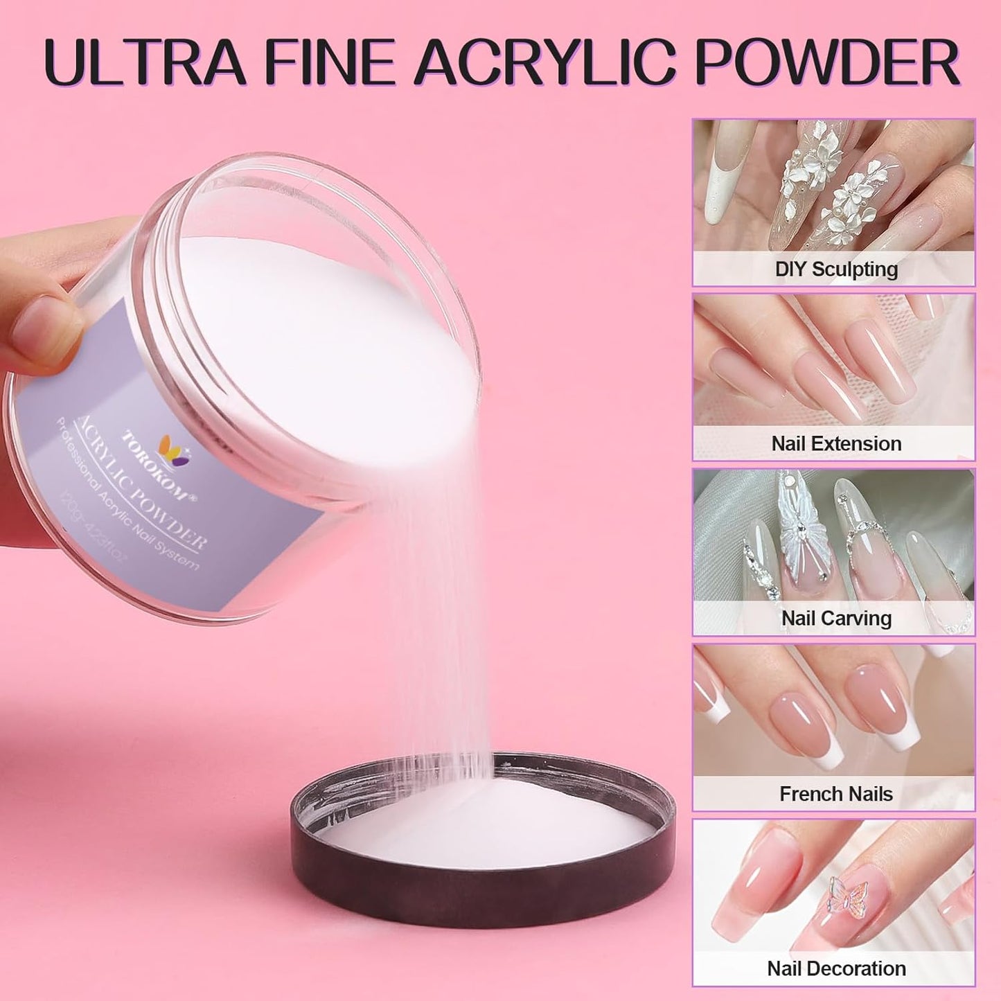 TOROKOM Clear Acrylic Powder, 120g/4.23oz Acrylic Nail Powder Large Capacity Acrylic Dip Powder for Nails Self-Leveling Acrylic Extension Powders, 3D Nail Carving, Long-Lasting, No Nails Lamp Required