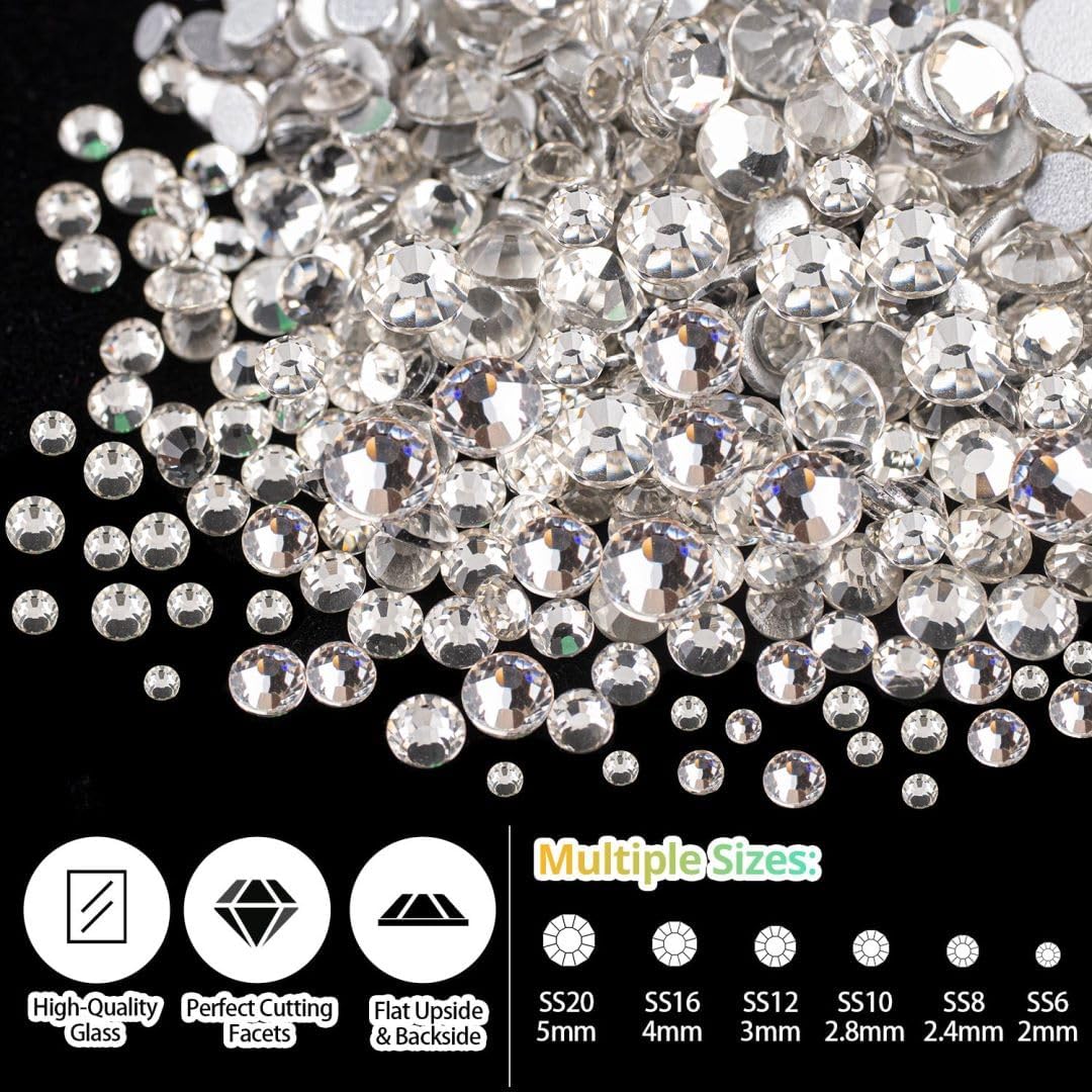 Rhinestones for Nails & Pearls, Manicure Kit, 2-5mm Flat Back Glass Crystal AB + Transparent Clear Gemstones, 2-6mm Beige Half Round Pearls, Gems for Nail Art with Pickup & Dotting Tools