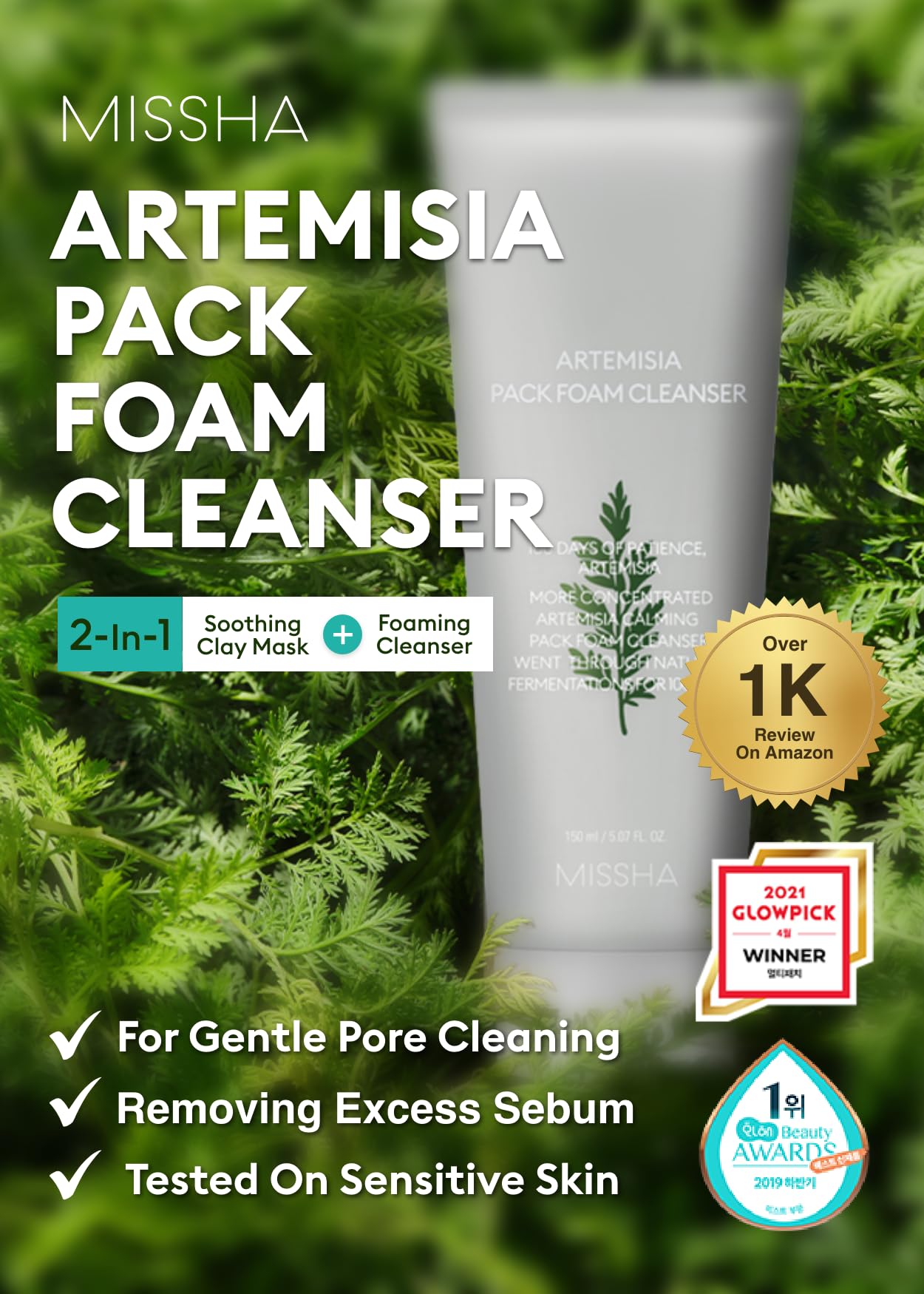 MISSHA Artemisia Pack Foam Cleanser 5.07 Fl oz/ 150ml, 2-in-1 Korean Facial Cleanser & Clay Mask