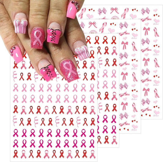 Breast Cancer Awareness Nail Decals - 4 Sheets Self-Adhesive Pink Ribbon Designs for Women DIY