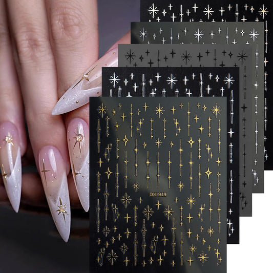7 Sheets Star Lines Nail Art Stickers Decals Gold Silver Black White Nails Stickers for Nail Art