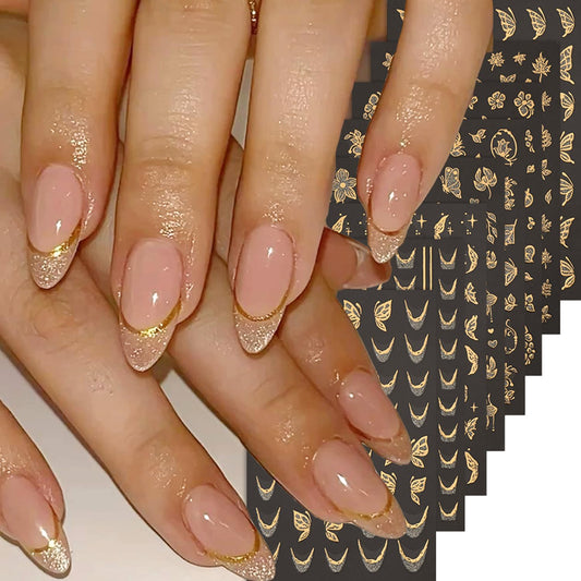 8 Sheets Fall Maple Leaf Nail Art Stickers Decals Gold French Tip Nails Stickers Butterfly Nails