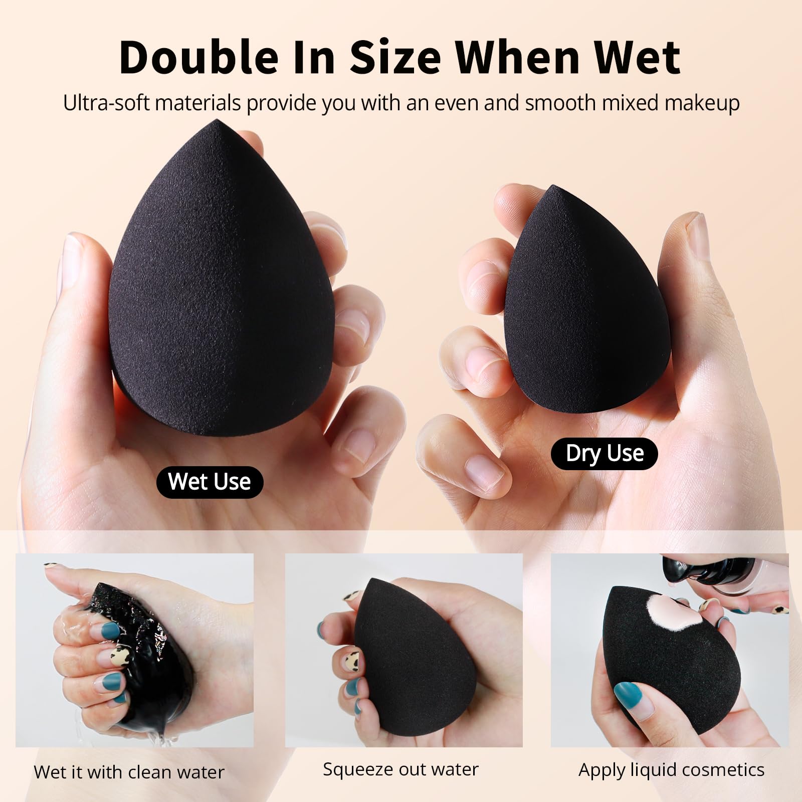BEAKEY Makeup Sponge Set, 5 Pcs Latex-Free Foundation Beauty Sponges, Black