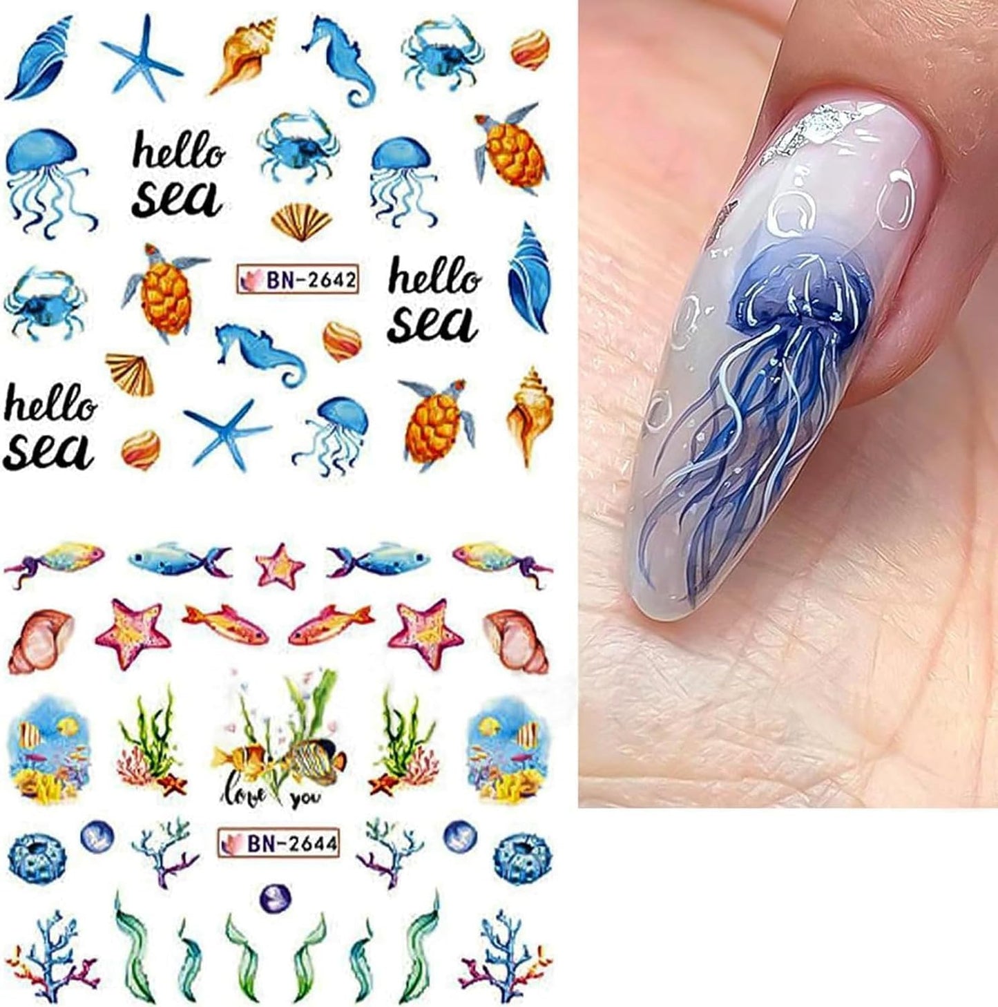 Summer Nail Art Stickers 12 Sheets Seashell Starfish Water Transfer Foils Decals Jellyfish Shells Sea Turtles Seahorses Design Acrylic Ocean Theme Supplies for Women DIY Decor