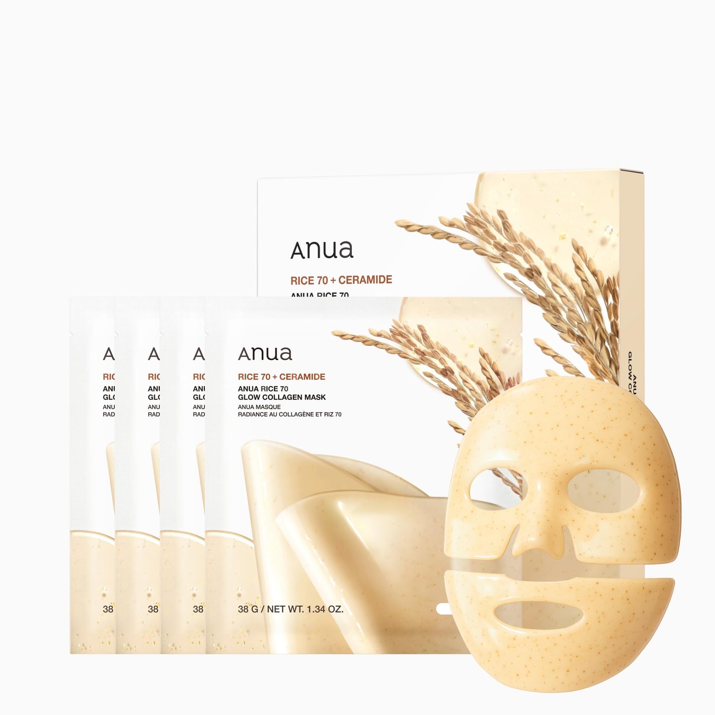 ANUA Rice 70 Glow Collagen Mask, 1.34 oz/4ea
