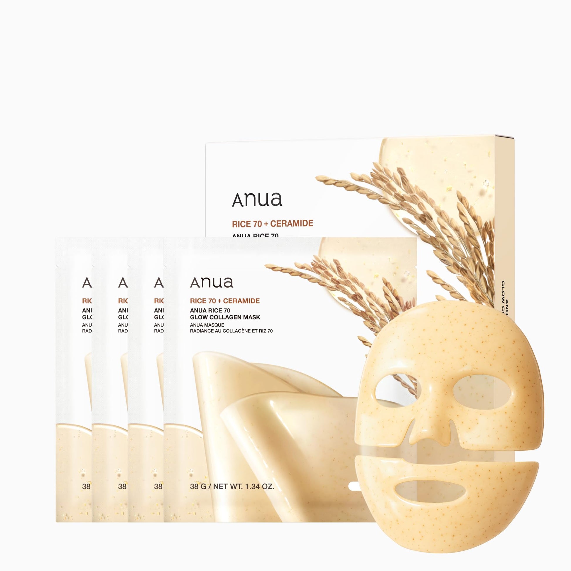 ANUA Rice 70 Glow Collagen Mask, 1.34 oz/4ea