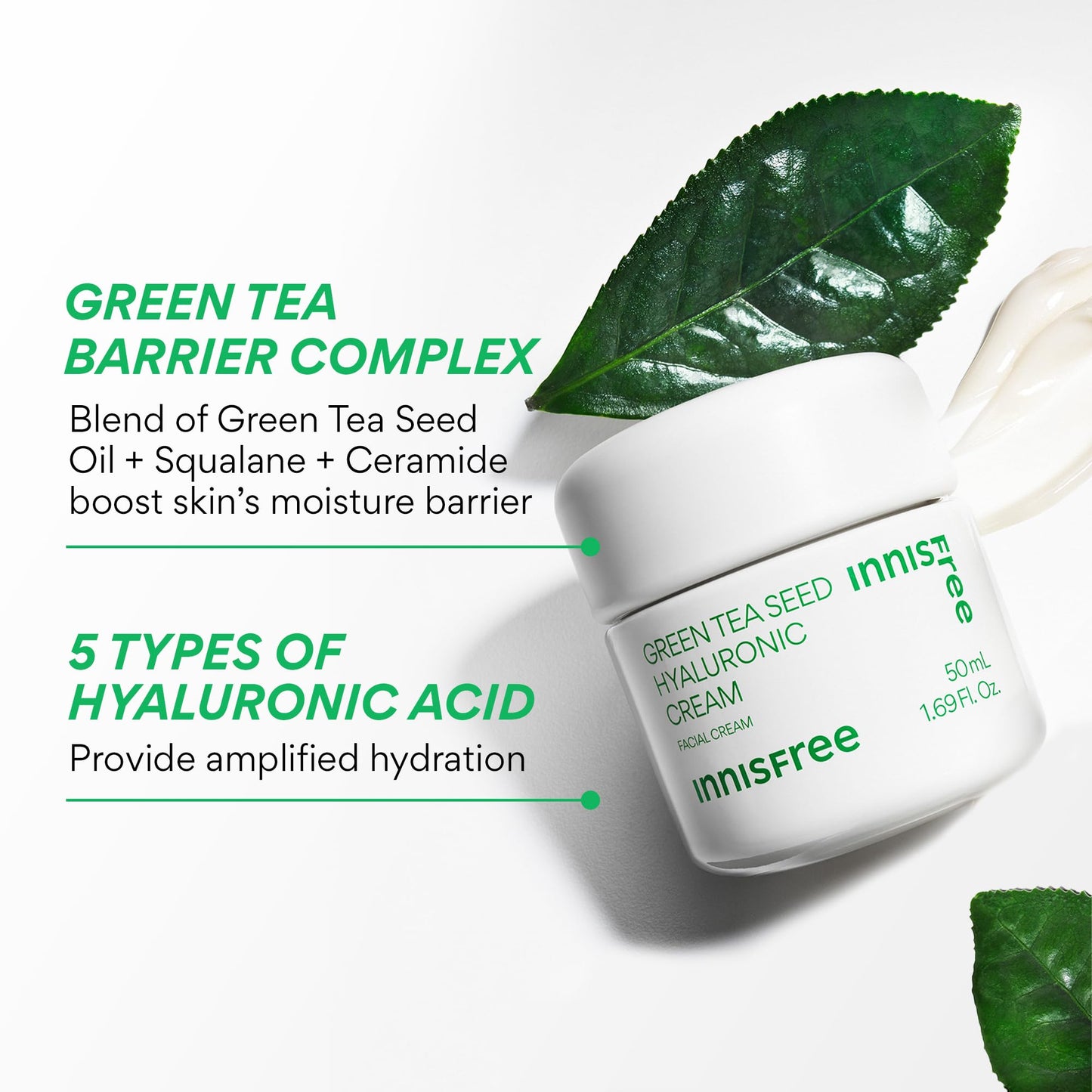 innisfree Green Tea Seed Hyaluronic Acid Cream, Korean Face Moisturizer with Ceramide & Skin