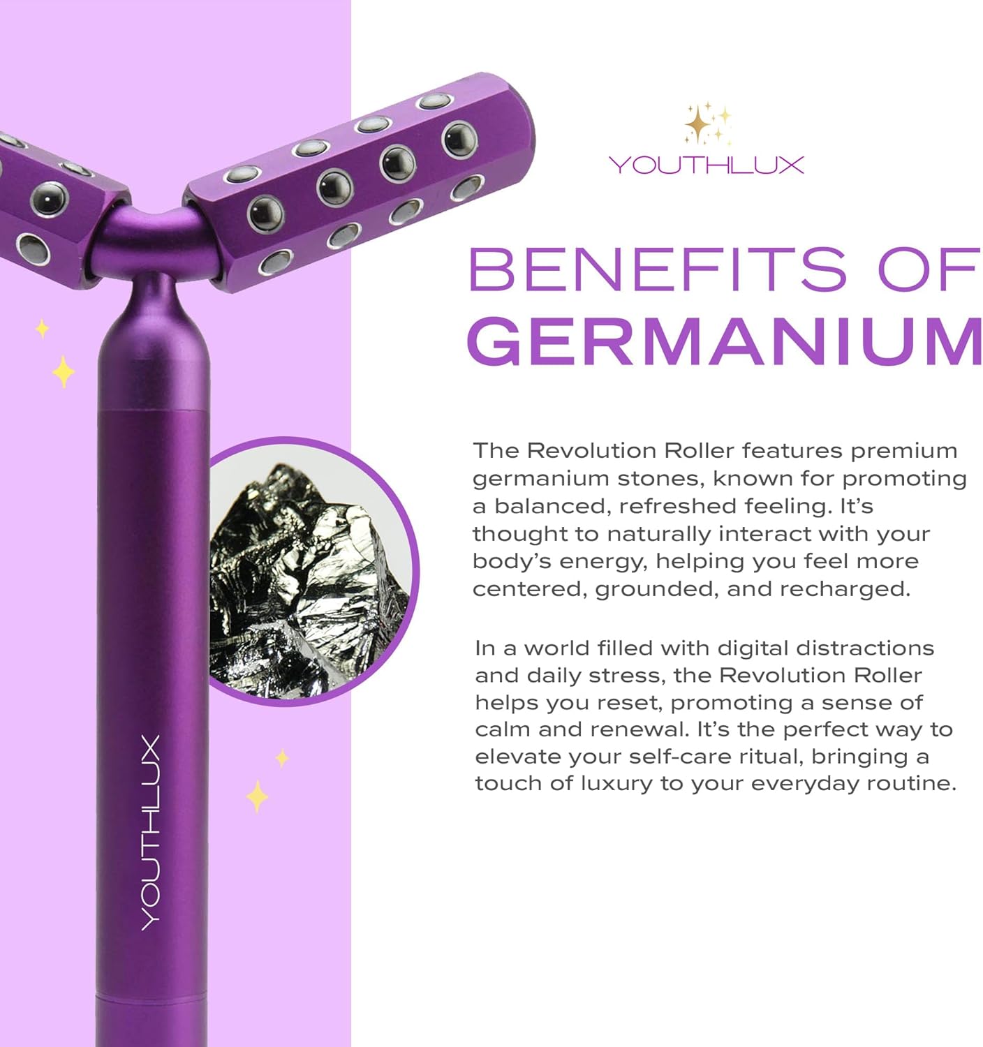 Revolution Roller - Germanium Stone Uplifting Face/Body Beauty Massage Tool/Roller/Wand for Skin Tightening/Firming, De-Puffing, Anti-Aging (Purple)