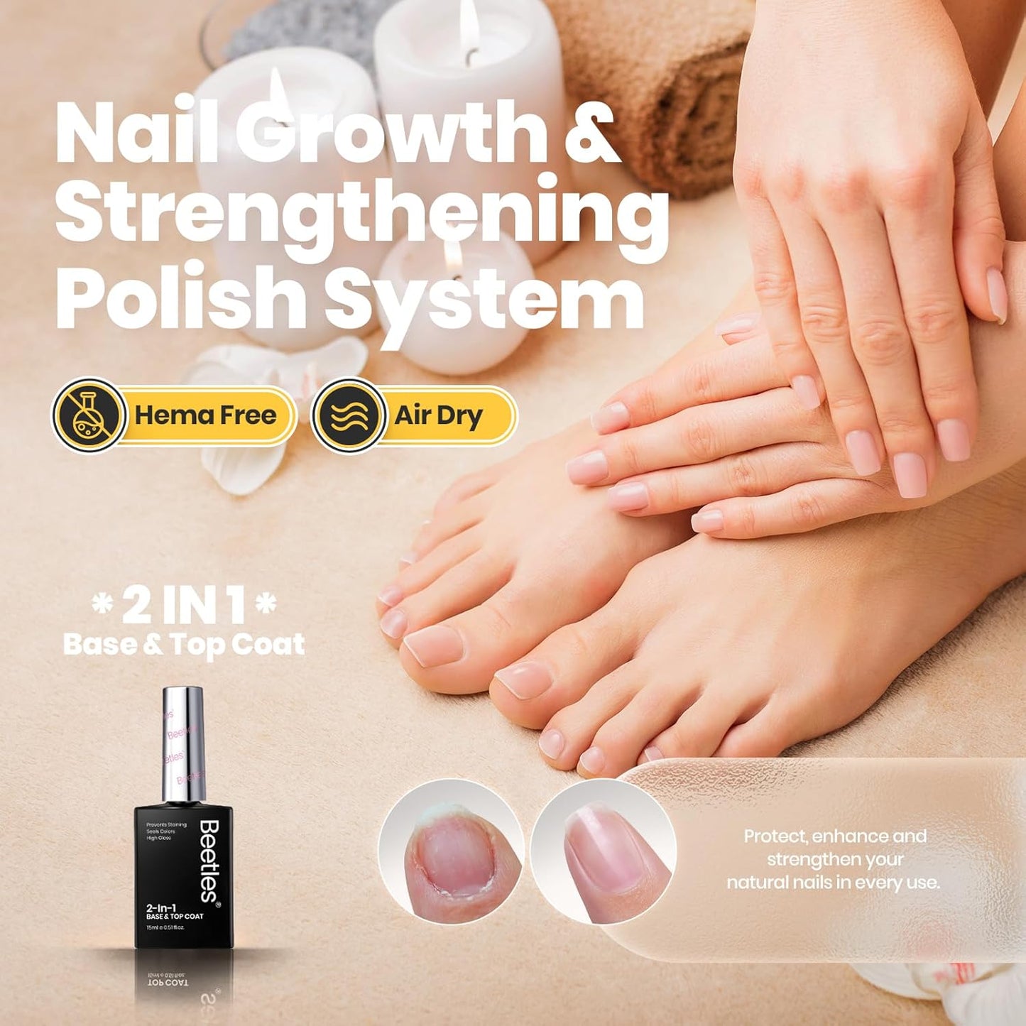 Beetles Top Coat Nail Polish, 15ml Clear Nail Polish Quick Dry, High Gloss Shine Finish and Long Lasting Nail Protector Nail Art Design Diy Gifts for Women