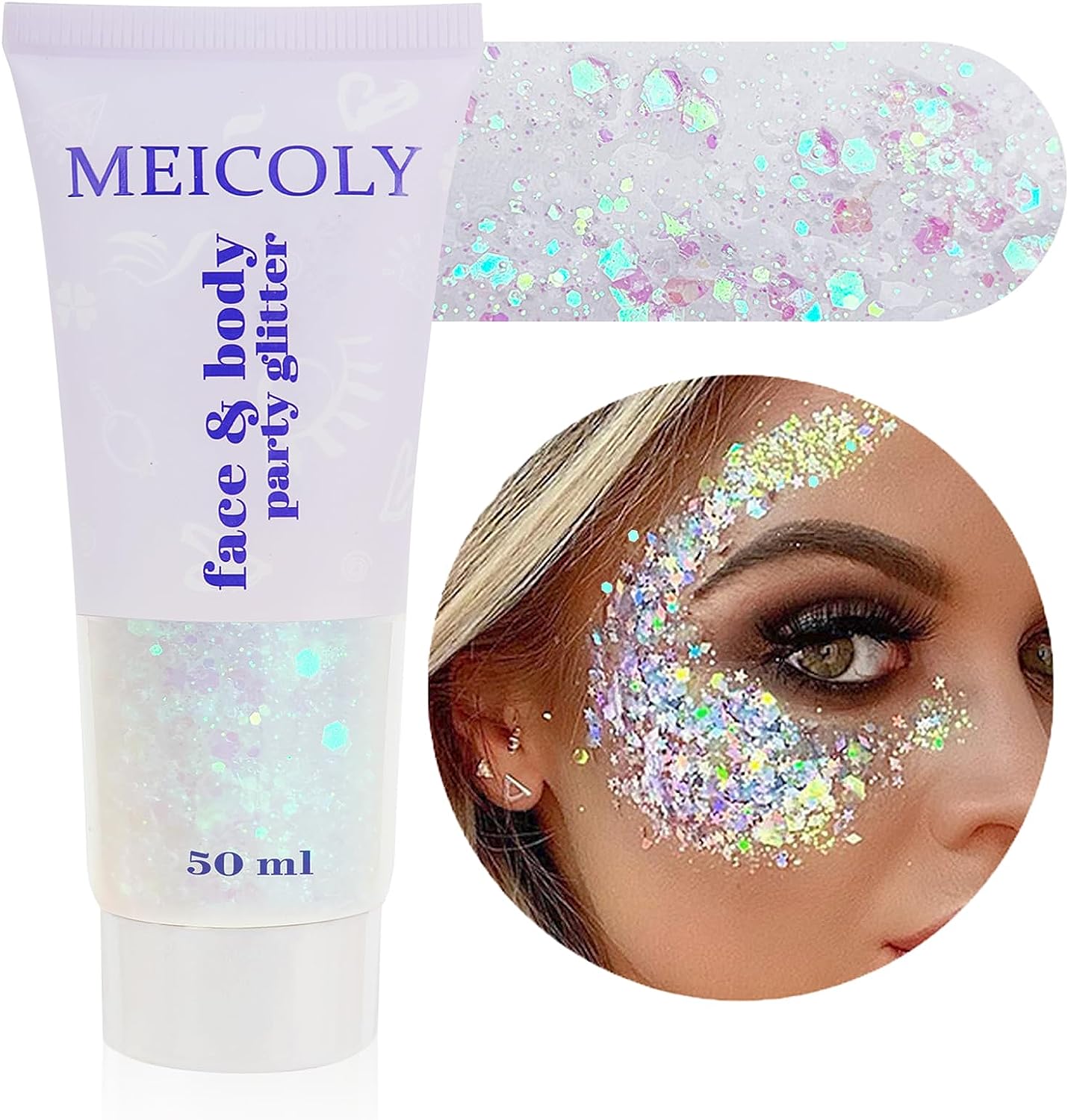 MEICOLY Clear White Body Glitter,Singer Concerts Music Festival Rave Accessories,Mermaid Face Glitter Gel,Sequins Glitter Face Paint,Chunky Hair Sparkling Halloween Glitter Gel for Women,50ml