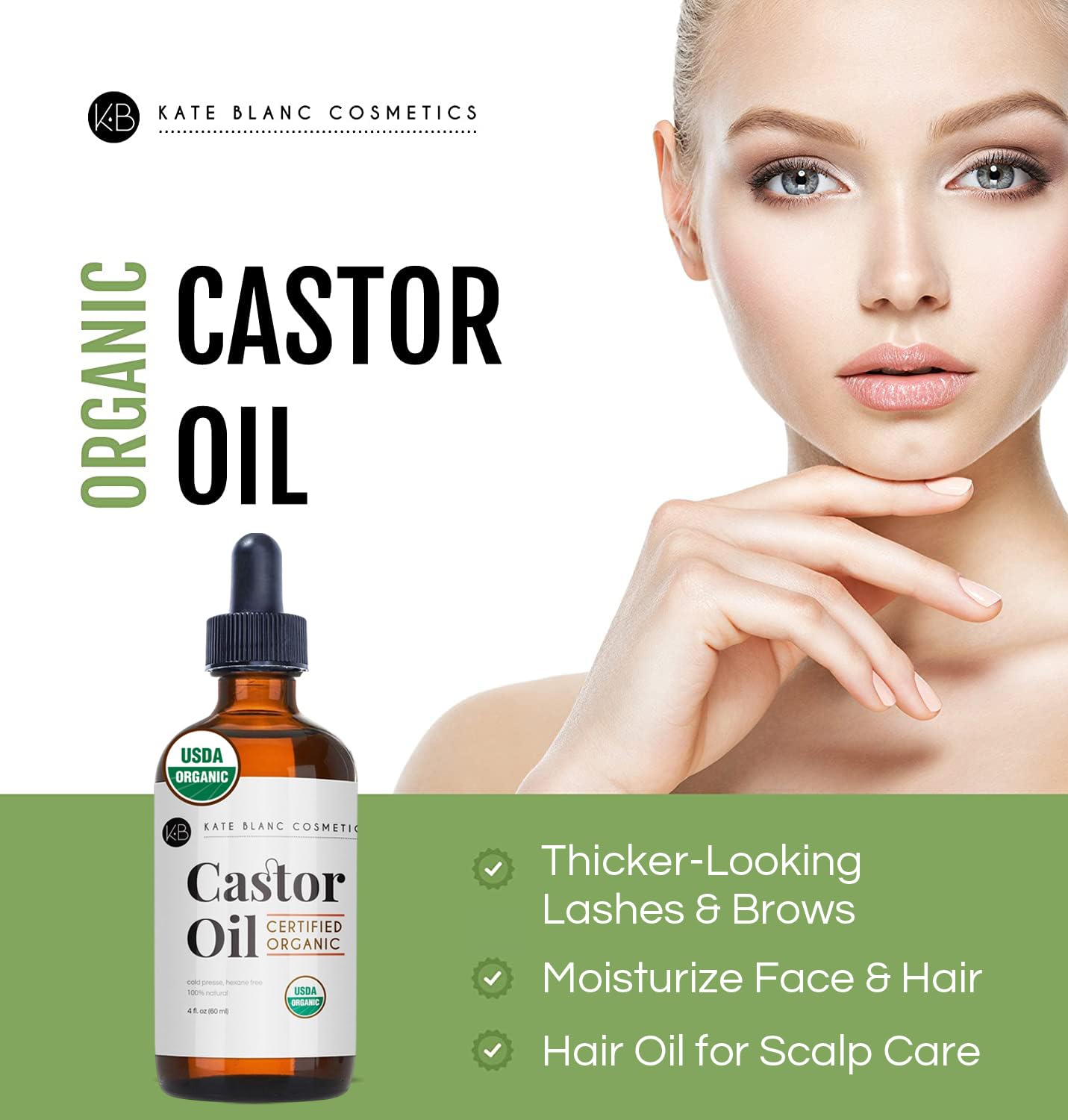 Kate Blanc Cosmetics Castor Oil Organic for Hair, Lashes, Face, Skin (4oz)