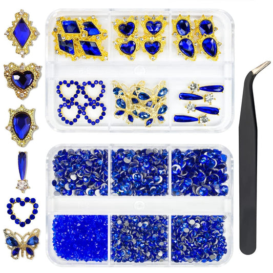 24pcs Blue Luxury Nail Charms +2000pcs Sapphire Rhinestones 3D Big Nail Gems K9 Glass Royal Blue Nail Crystals Diamonds Jewelry Stones Alloy Nail Art Studs Decor Supplies Heart Charms for Nails Crafts