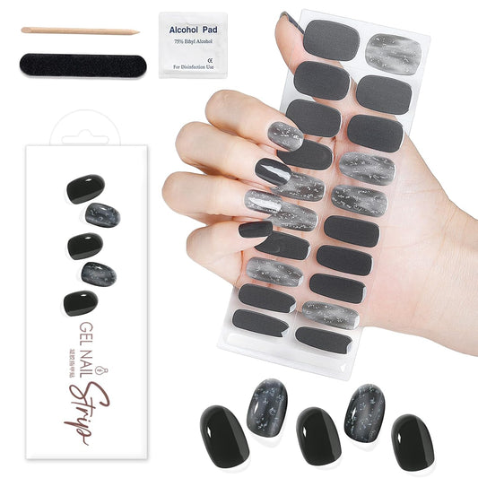 WOKOTO 1 Sheet Semi Cured Gel Nail Strips With Wood Stick, Nail File & Prepared Pads, 20 Tips Black