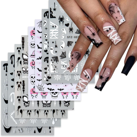 8 Sheets Halloween Nail Decals Black White Ghost Spider Web Nails Sticker Cute Pumpkin Skull Nail