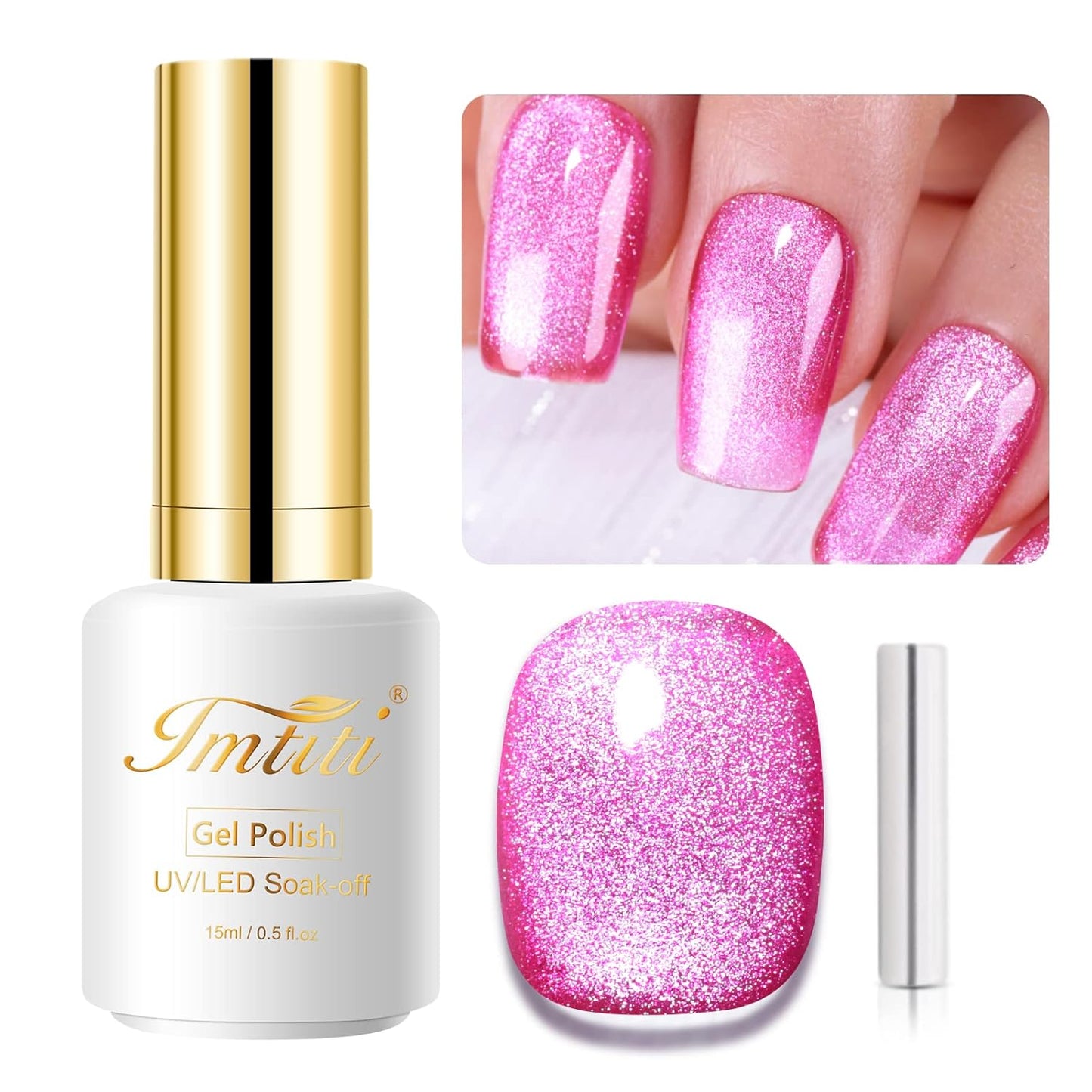 Imtiti Medium VioletRed Color Gel Nail Polish, 0.5 fl oz Holographic 9D Cat Eyes Glitter Magnetic Gel Polish with Magnetic Stick for Nail Salon