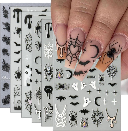 6Pcs Halloween Nail Stickers for Nail Art, Bat Spiders Nail Art Stickers Spider Web Black Rose