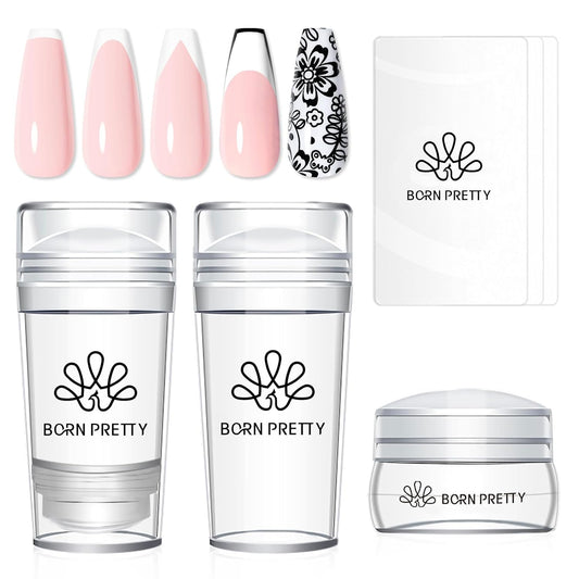 Born Pretty French Tip Nail Stamp, 6PCS Art Stamper With Scrapers, Silicone Stamping Long & Short