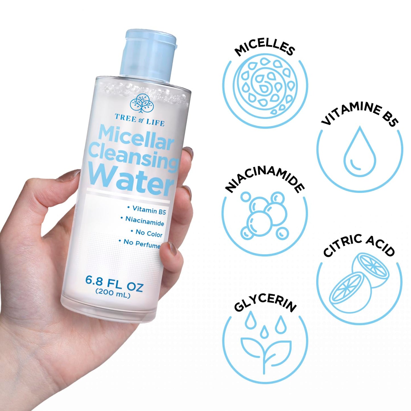 Tree of Life Beauty Micellar Cleansing Water (6.8fl oz) - Micellar Water Makeup Remover with Niacinamide, Vitamin B5, Glycerin - Eye Makeup Remover Liquid, No Rinse Needed