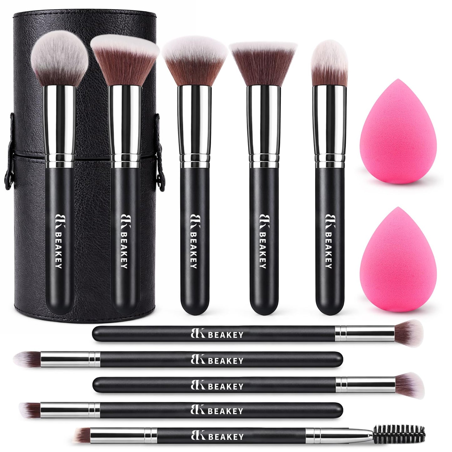 BEAKEY Makeup Brush Set,13 Pcs with Case,10 Brushes and 2 Sponges