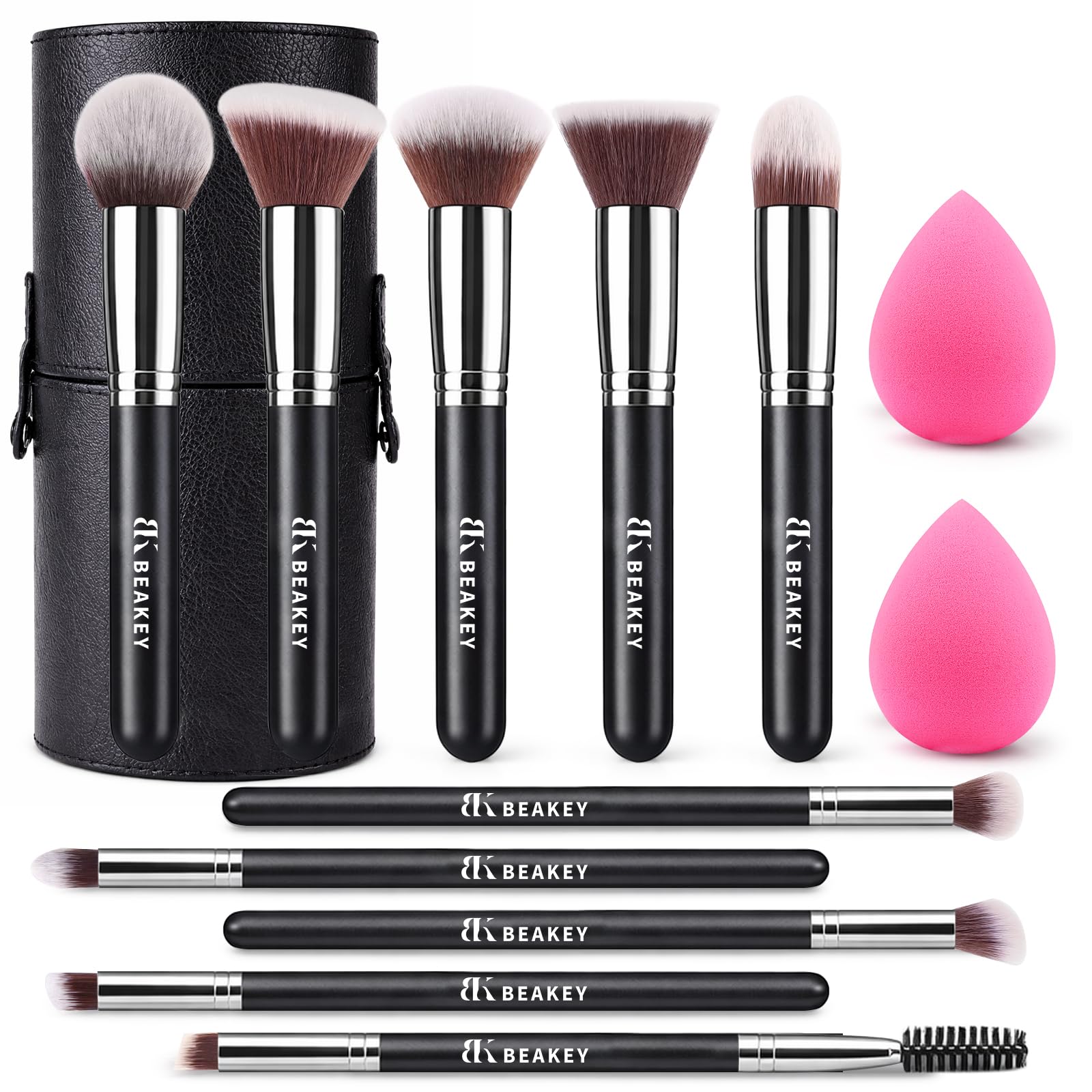 BEAKEY Makeup Brush Set,13 Pcs with Case,10 Brushes and 2 Sponges