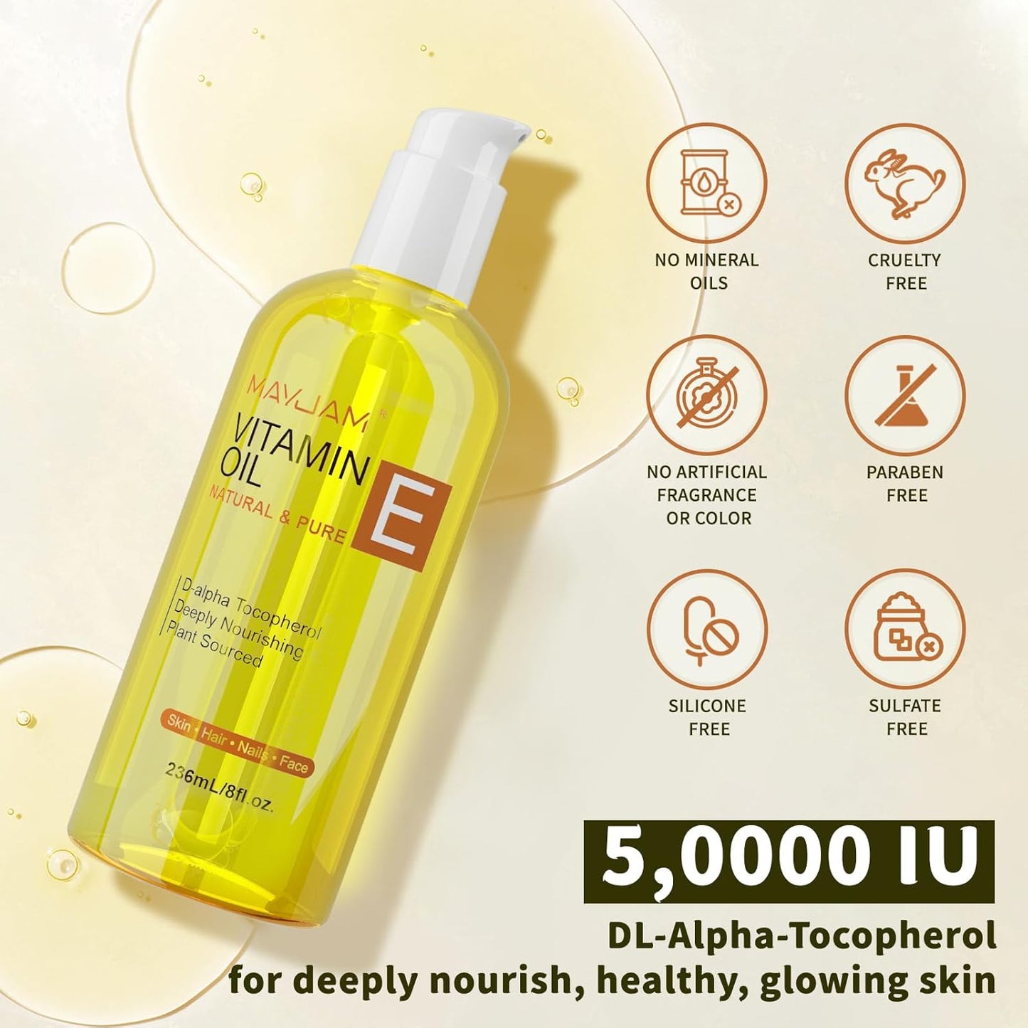 Organic Vitamin E Oil 50,000 IU for Skin, Pure & Natural Vitamine oils for Scars Hair, Face, Nail, Scalp Bath and Body Oil, Tocopherol to Repair Damaged Skin, Moisturizing Dry Skin, 8 Fl Oz