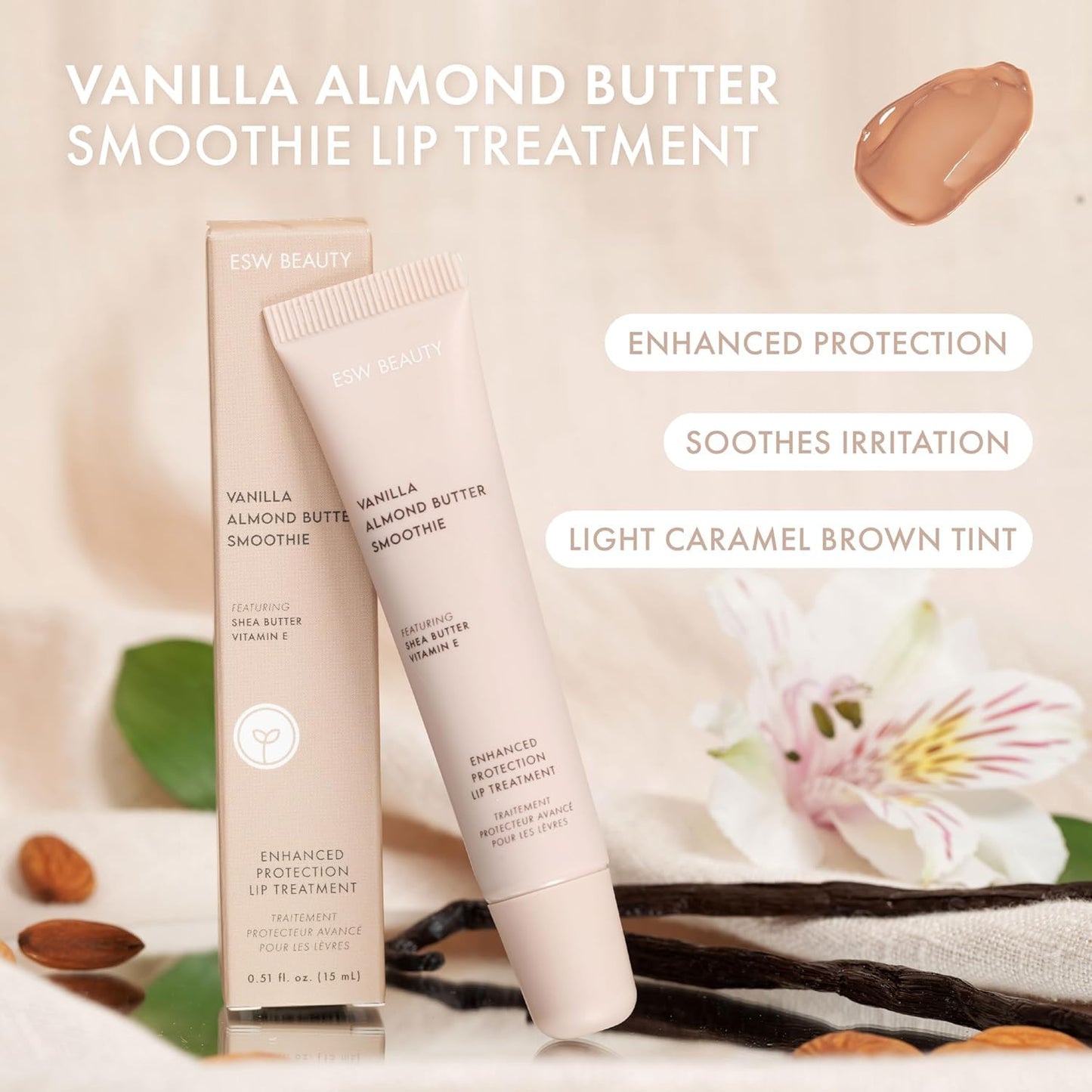 ESW Beauty Vanilla Almond Butter Lip Treatment - Light Caramel Brown Tint with Shea Butter, Vitamin E, Vanilla & Almond for Enhanced Protection & Skin Barrier Support