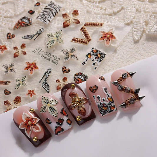 Fall Stickers para Uñas Nail Stickers Self-Adhesive Sticker para Uñas Leopard Print 3D Flower