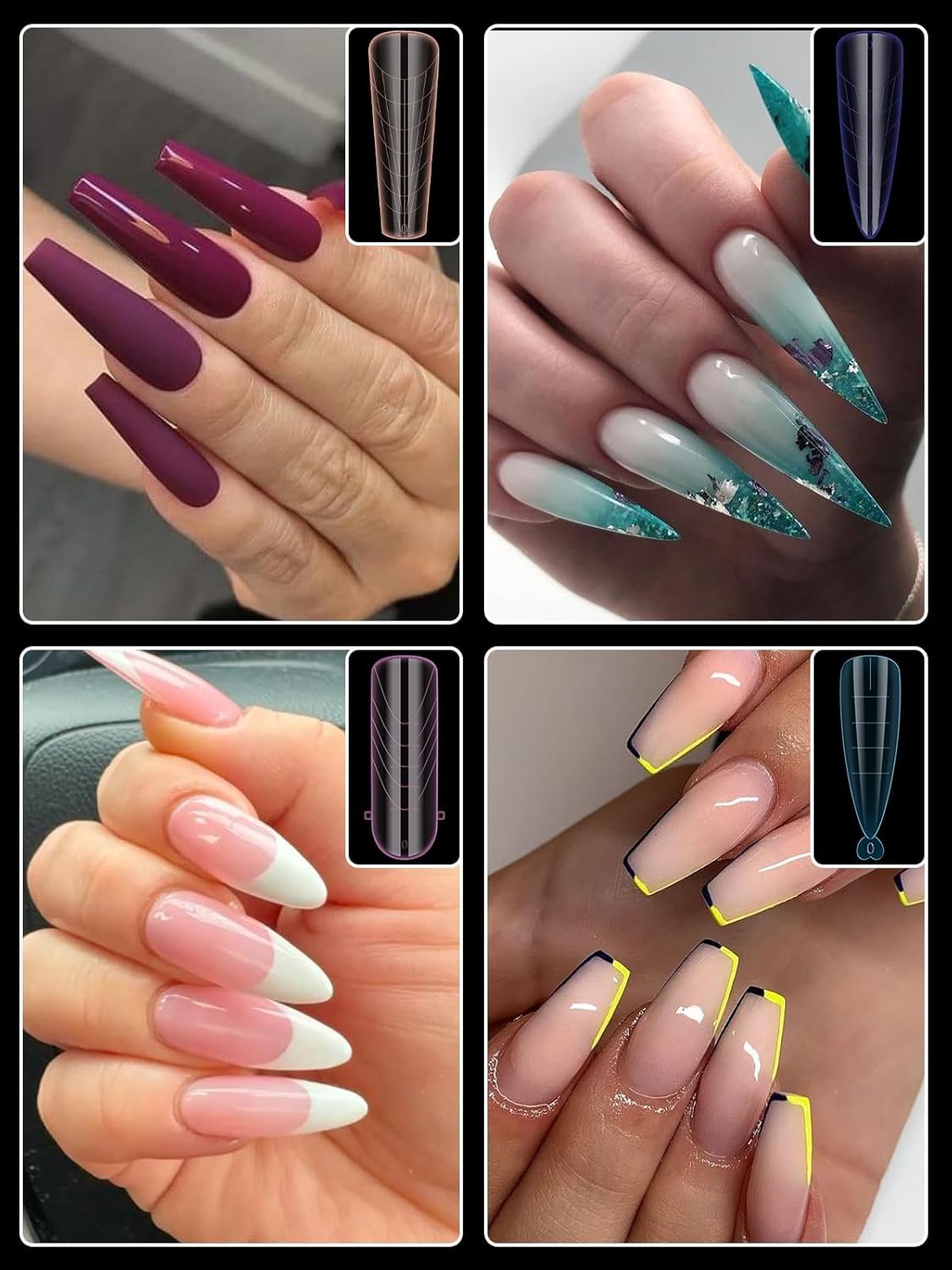 Dual Forms for Poly Nail Gel, 288PCS 12 Colors Dual Nail Forms Extension Molds Stiletto Coffin Square Acrylic Nail Tips 12 Shapes for Builder Gel Manicure Nail Art Design Salon DIY at Home