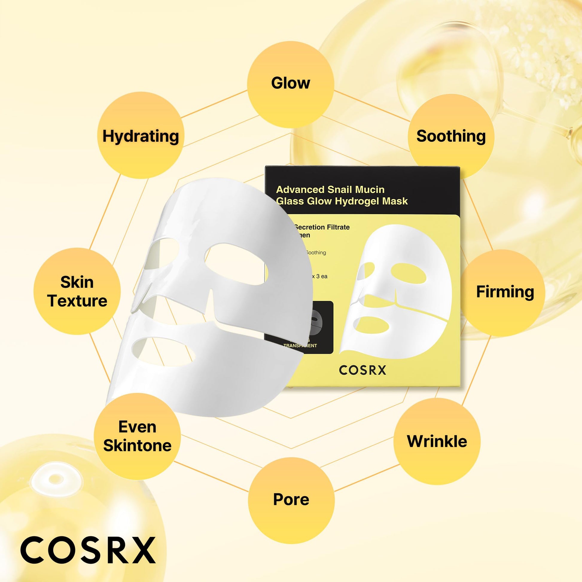 COSRX Advanced Snail Mucin Glass Glow Hydrogel Face Masks Skincare 3 EA